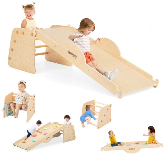 INFANS 7 in 1 Climbing Toys for Toddlers, Upgrade Wooden Montessori Cube Climber Set with Reversible Ramp Slide Ladder Seesaw, Indoor Pikler Climb Activity Jungle Gym Present for Kids Age 3+