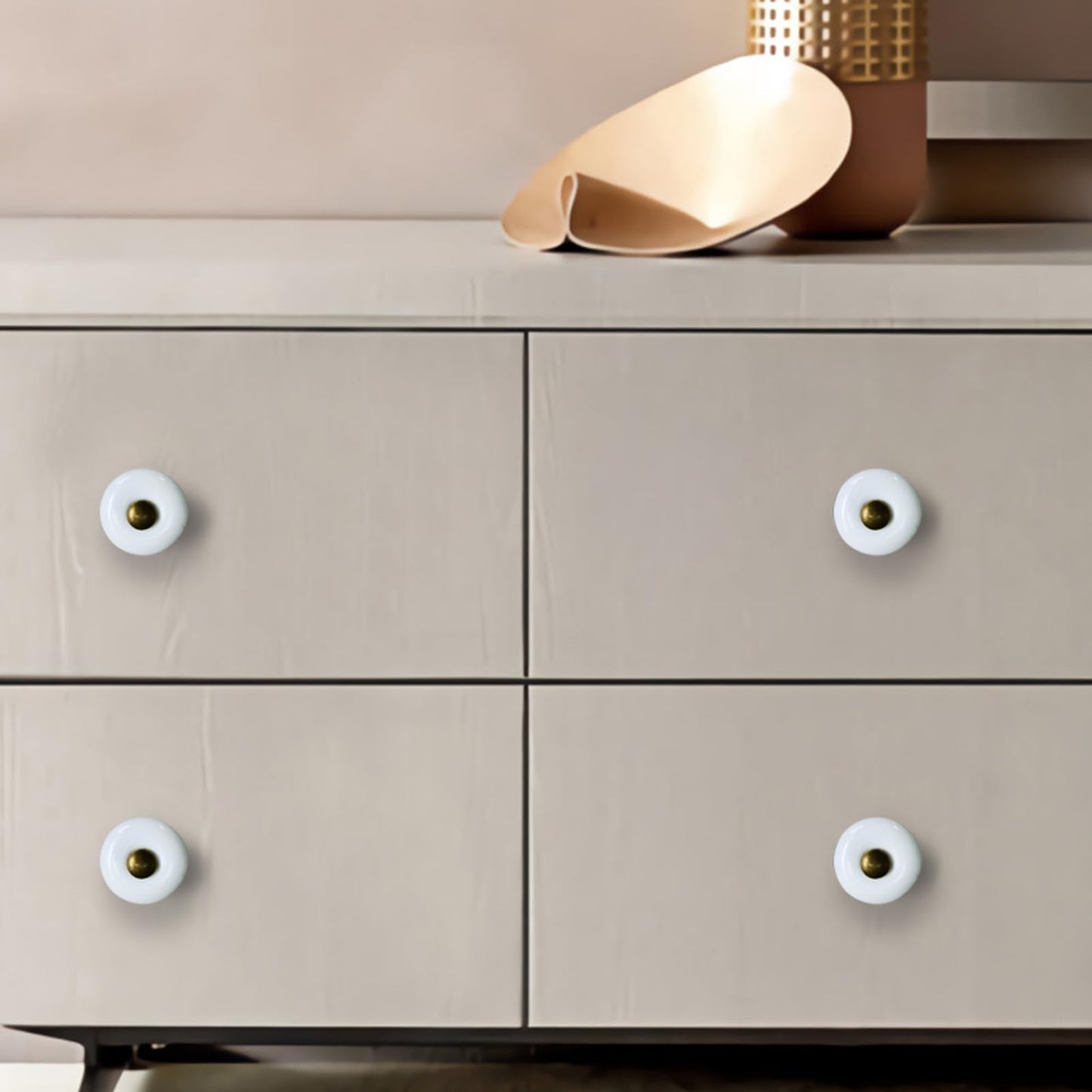 AUXBC 12Pcs 1.3" Ceramic Round Knobs, Antique Brass and Ceramic Cabinet Knobs, White Furniture Knobs, Single Hole Drawer Handle Pulls for Drawer Closet Dresser Cupboard Wardrobe Door Kitchen