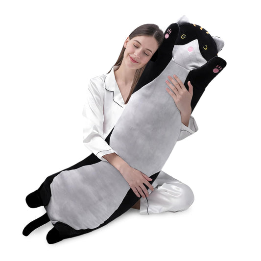 shangman Lovely Plush Cat Doll Cute Cartoon Soft Stuffed Kitten Pillow Long Throw Sleeping Pillow Doll Toy Valentines Day Gift for Kids Girlfriend (Black, 130cm/51.1in)