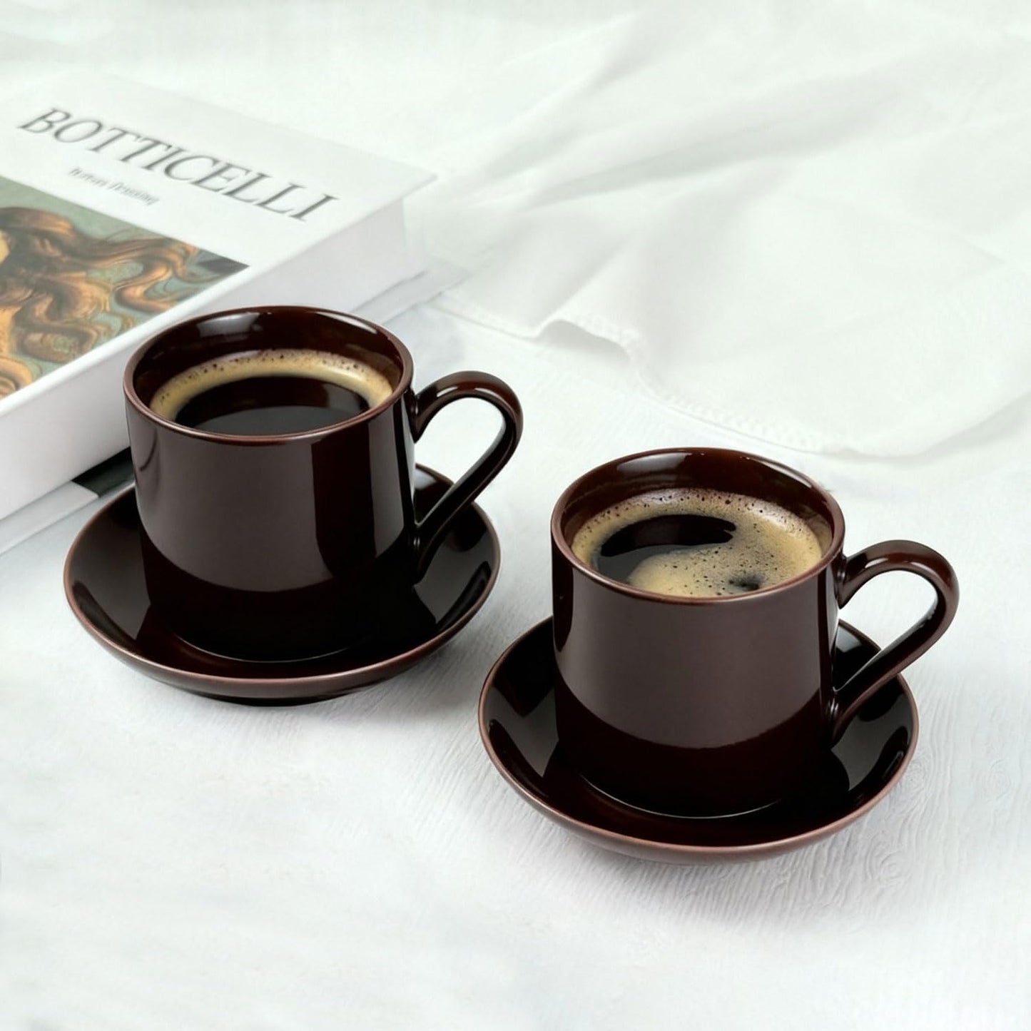 Porcelain 3.5oz Espresso Cups Set of 2 with Matching Saucer, Ceramic Demitasse Espresso shot Cups for Turkish, or Italian Coffee- Microwave Dishwasher Safe,Brown