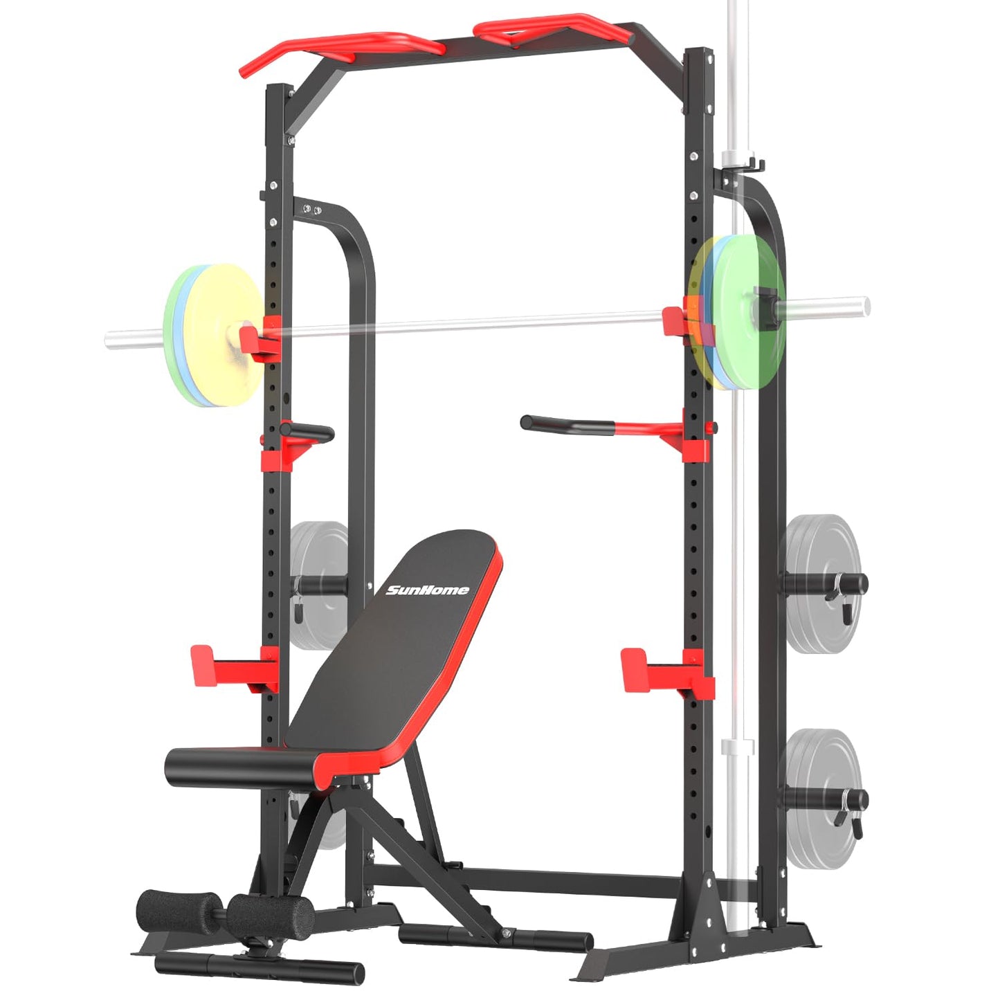 SunHome Power Cage Squat Rack, Multi-Functional Power Rack with Adjustable Cable Crossover System, J-Hooks, Dip Handles, Weight Plate Storage (S5 with Bench)