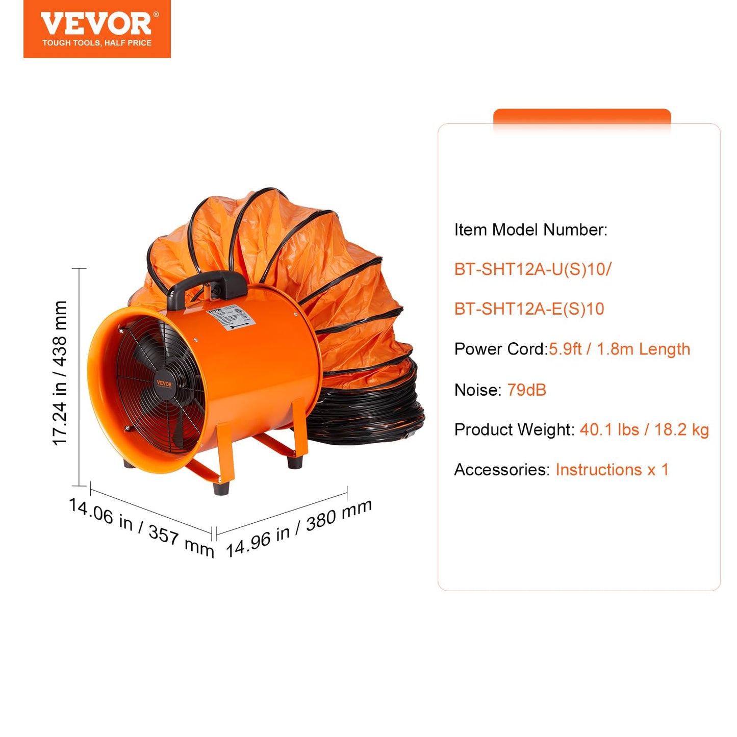 VEVOR Air Mover Blower Fan 12 Inch, 3198CFM 585W with 33ft Flexible Duct, Industrial Portable Ventilator Blower/Exhaust