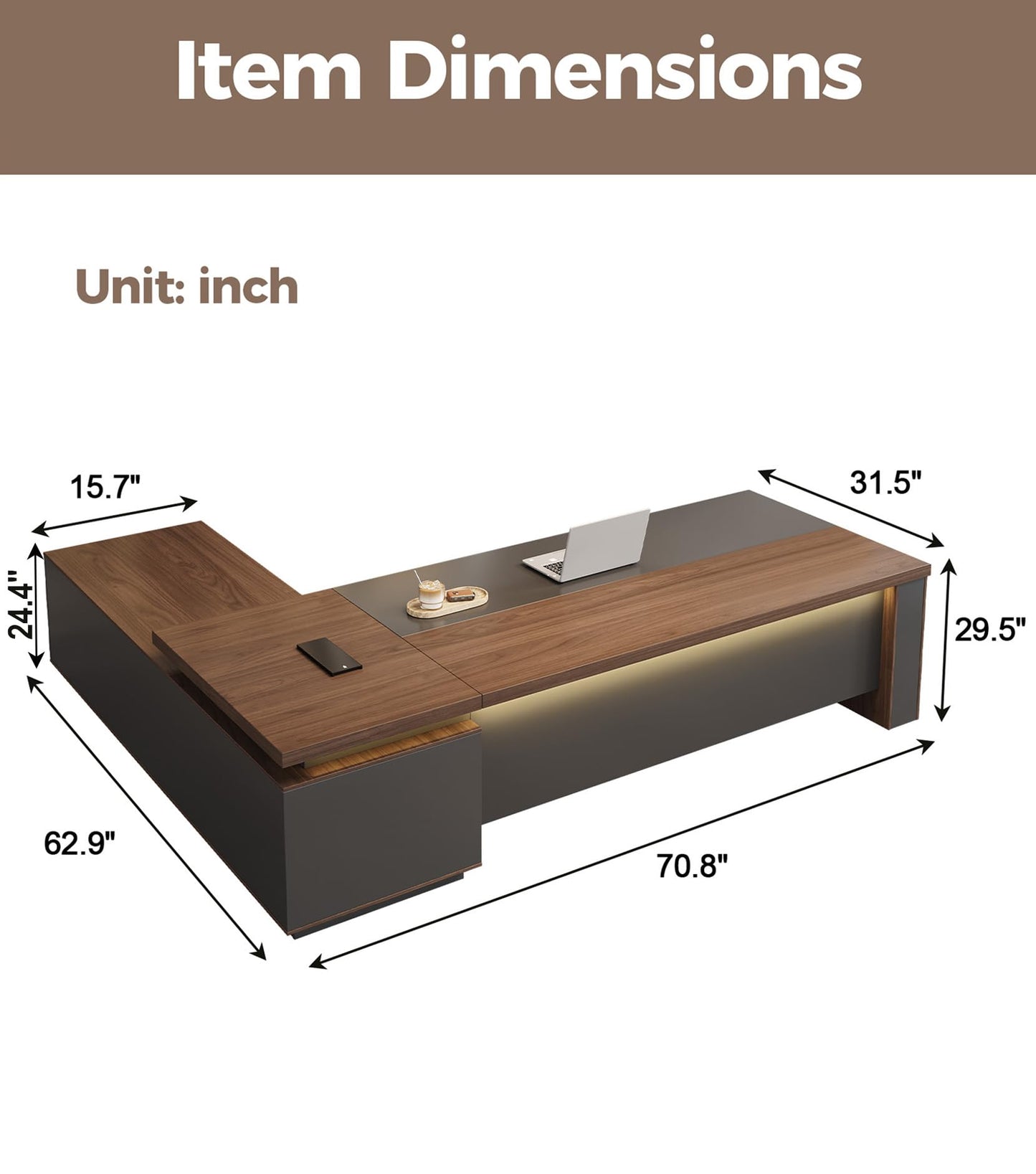 71" Reversible L-Shaped Executive Desk with Drawers – Large Office Computer Desk with Open Shelves, LED Lighting, Built-in Outlet & USB Ports for Home Office, Corporate, School (71"W x 63"D x 30"H)