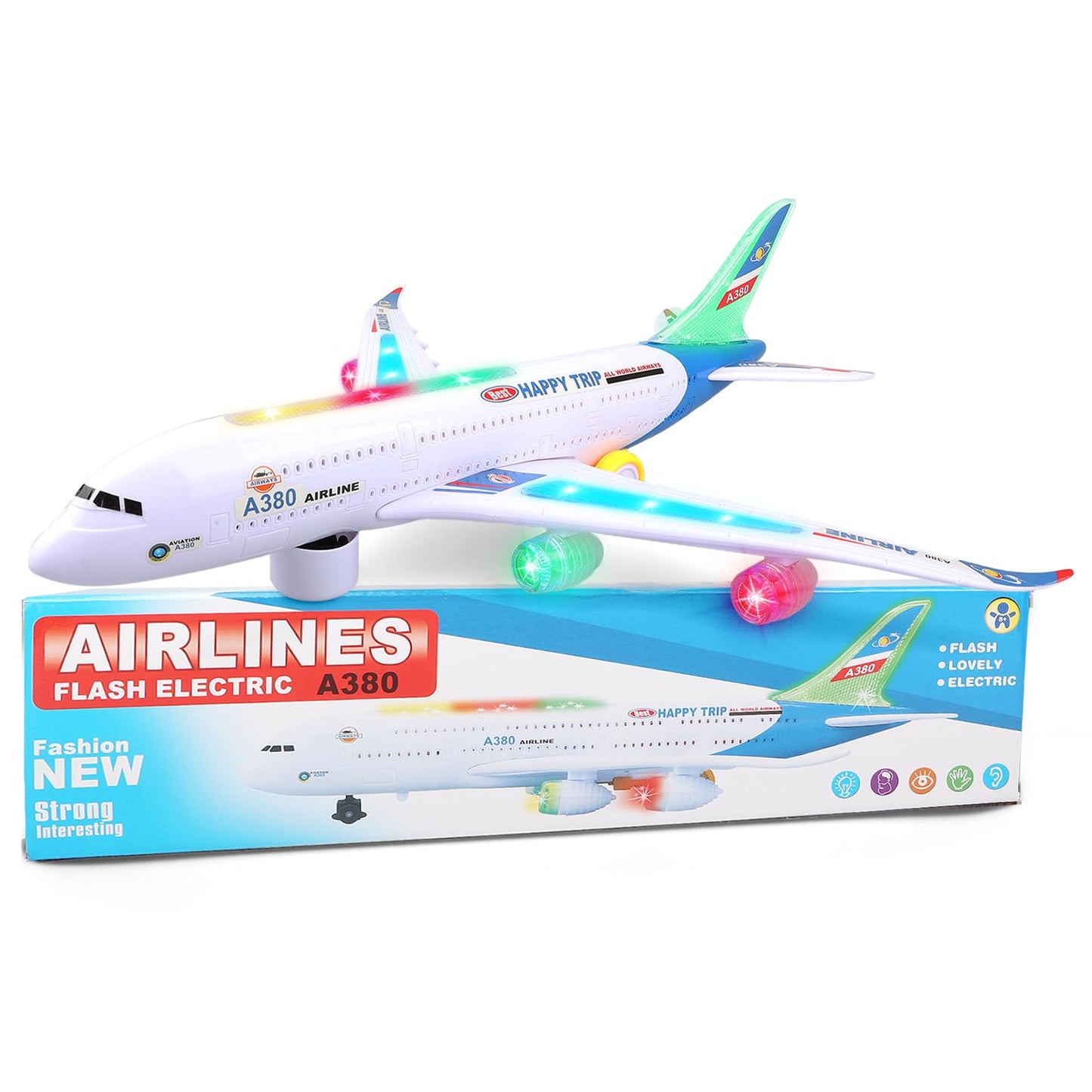 AtomDream Tech Bump and Go Airplane Toy – Realistic Airplane Model with 4D Lights & Sound – Moving Plane Toy for Kids Ages 3-12 – Automatic Direction Change on Collision – Great Gift for Kids(Blue)