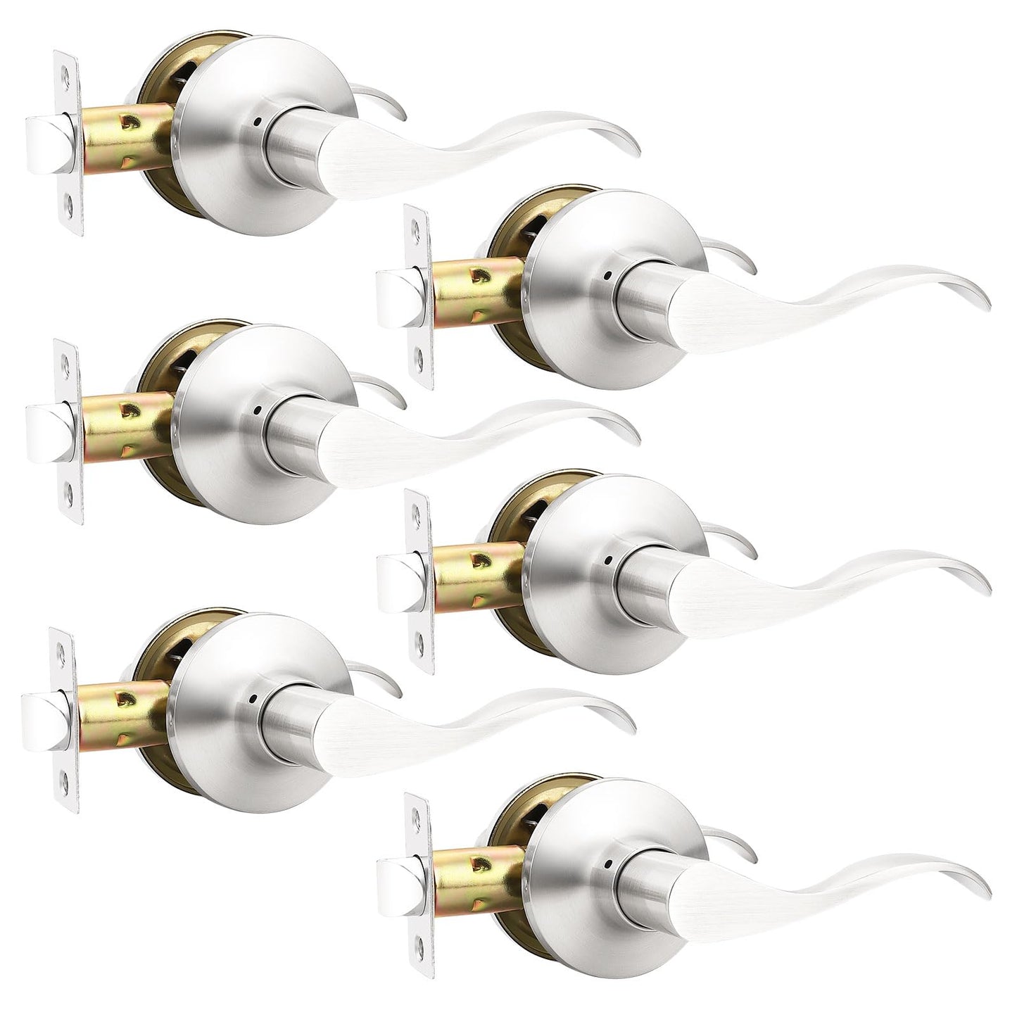 GOBEKOR Door Handles Brushed Nickel Passage Door Handle Interior Door Lock Keyless Hall Closet Door Knob Silver Passage Door Levers, Reversible Lever, 6 Pack