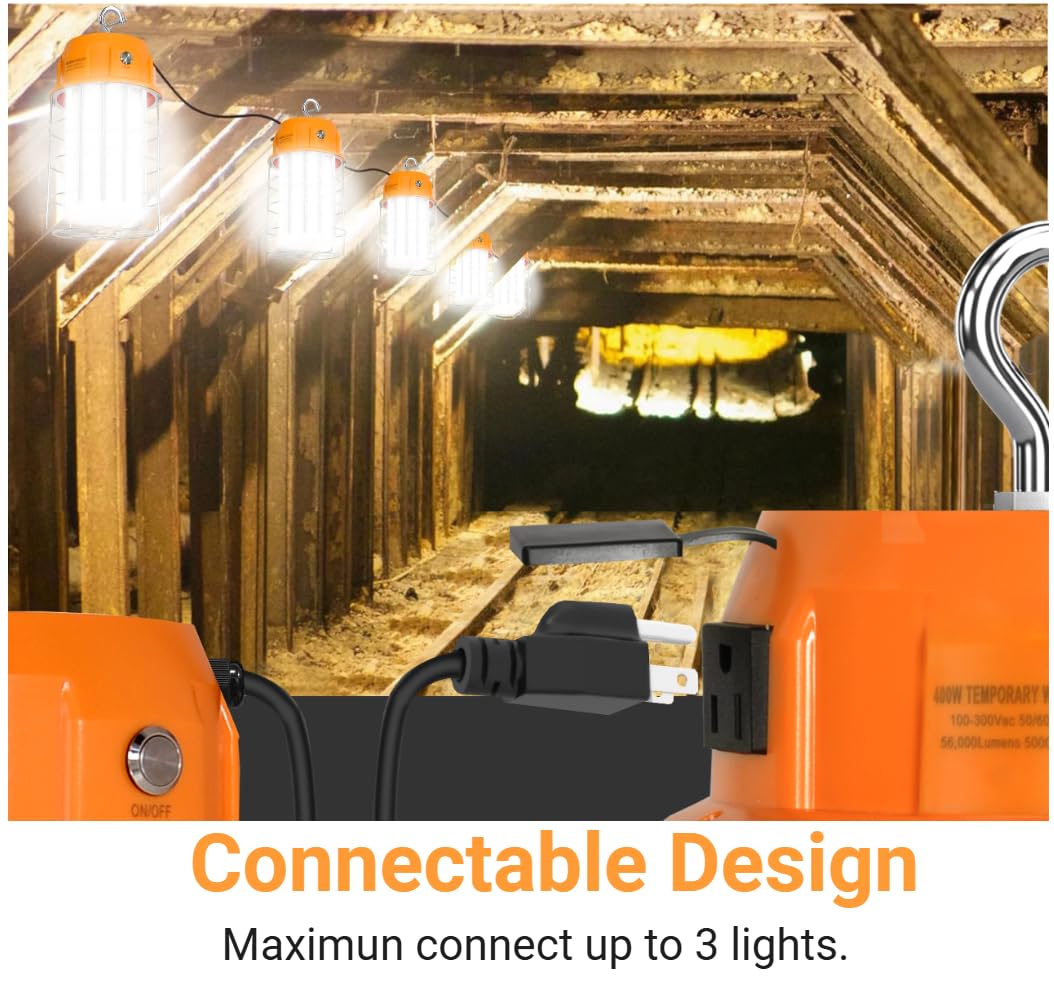 LED Temporary Work Light 300W Portable Hanging Work Construction Light,5000K 42,000 Lm with ON/Off Switch & Hook,for Job Site Lighting, Plug and Play
