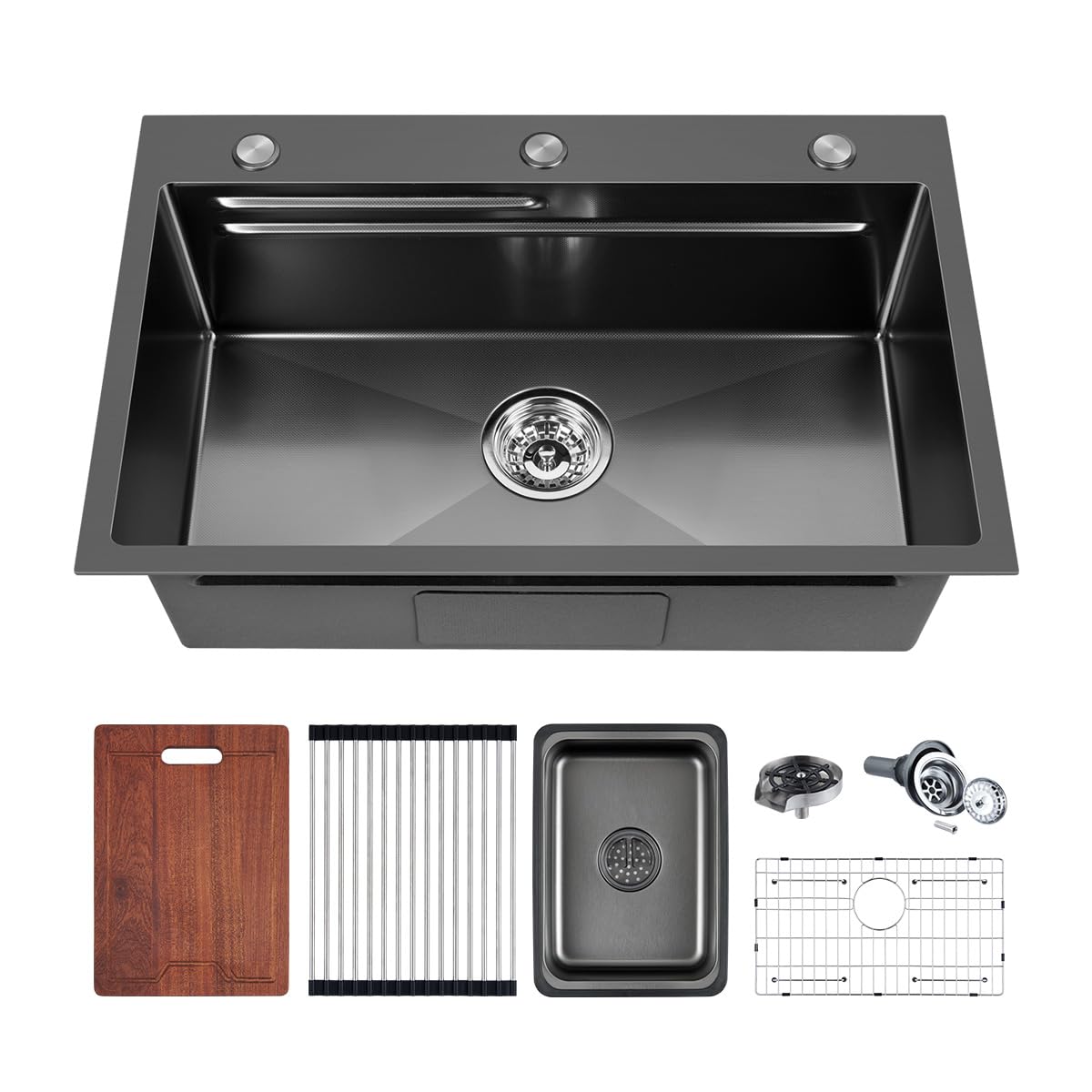 FRANIC 29" Handmade Black Bar Workstation Sink, 29" x 18" x 8" Stainless Steel Matte Nano Black Topmount Single Bowl Small Kitchen Outdoor Sink