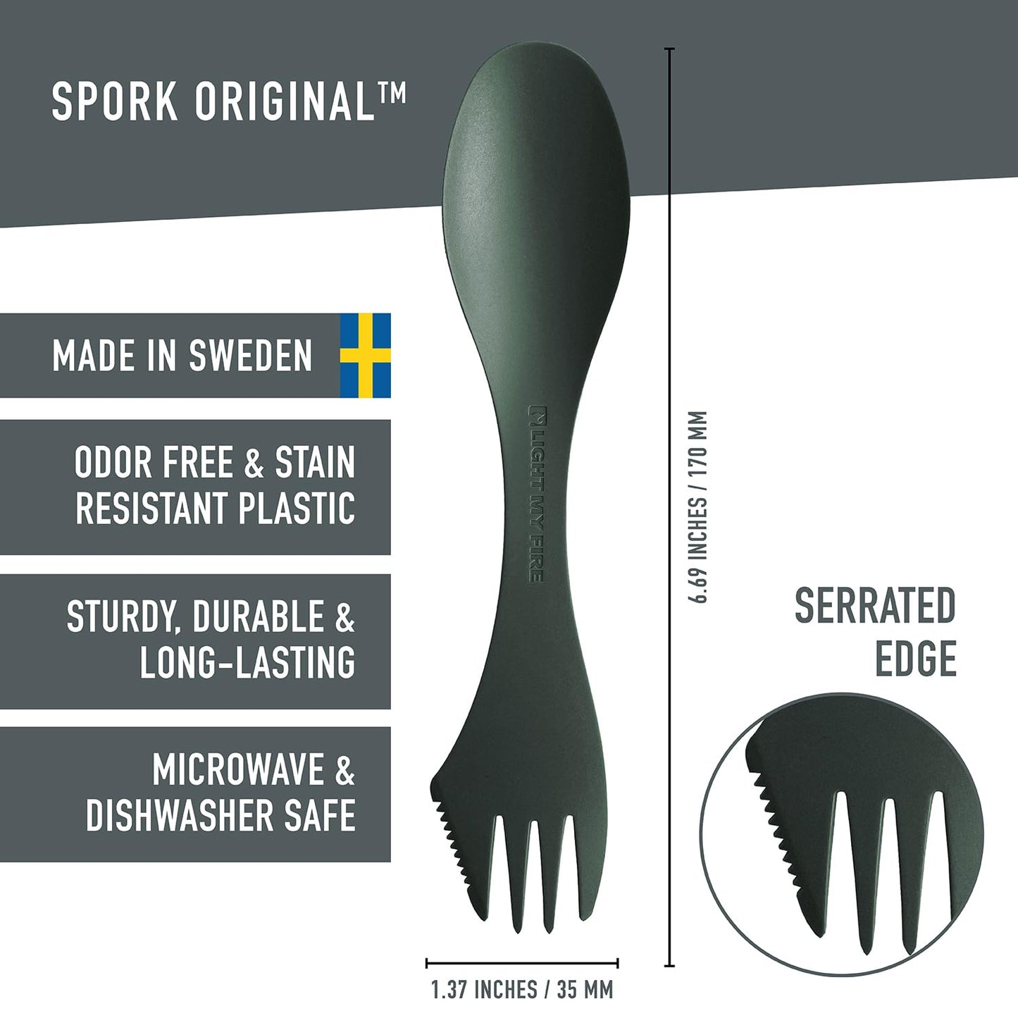 Light My Fire Spork Original 4-Pack 3-in-1 Camping Spoon Fork Knife Combo Reusable Travel & Camping Utensils Lunch Spork Outdoor Backpacking Hiking Picnic Utensil BPA Free, SageGreen