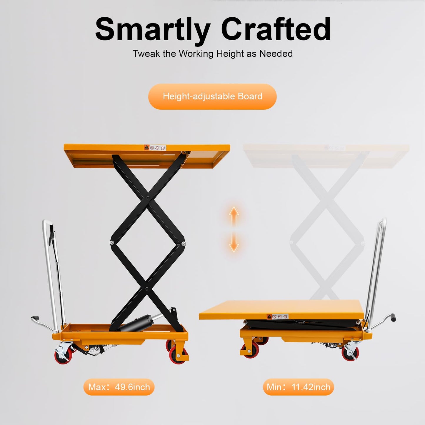 RYIRSHOH Hydraulic Lift Table Cart, 770lbs Capacity 49.6" Lifting Height, Double Scissor Lift Table Manual with 4 Locking Wheels for Material Handling & Transportation, Q235 Steel, Yellow