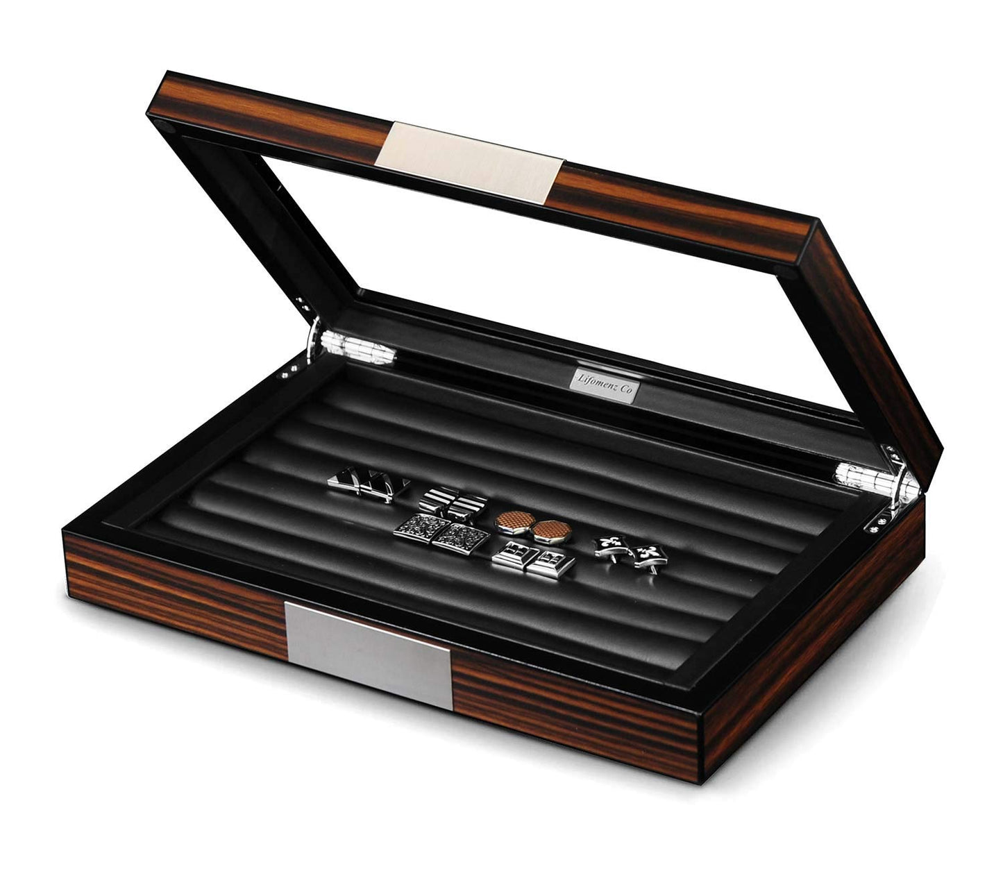 Lifomenz Co Wood Cufflink Box with Glass Window Cufflink Display Case Ring Organizer and Cufflink Box for men Hold 36-46 Pairs