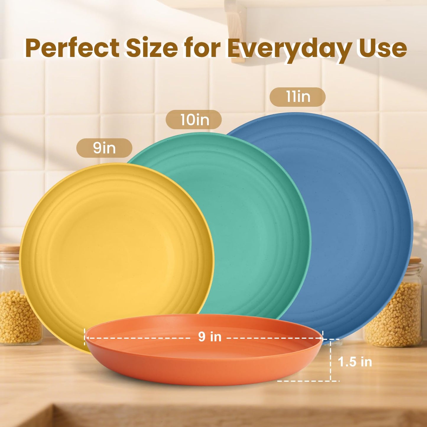 BUSOKIP Wheat Straw Plate 9 Inch, Deep Dinner Plates Set of 8, Unbreakable Plastic Plate Reusable, Microwave & Dishwasher Safe Kitchen Plates for Camping, Picnic, Travel, Outdoor (Multi Colors)