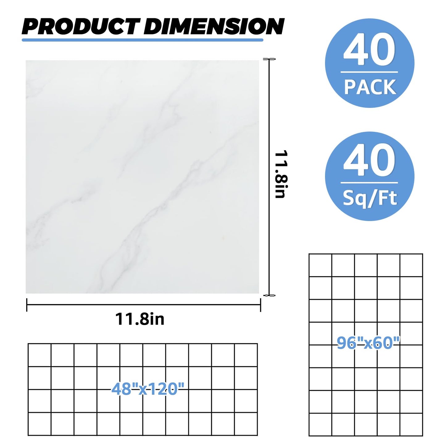 AKOLAFE 40 Sheet Vinyl Flooring 12x12 Inch Peel and Stick Floor Tile Waterproof White Marble Vinyl Floor Tiles Clearance Self Adhesive Floor Tiles Sticky Laminate Flooring Stick on Bathroom Kitchen RV
