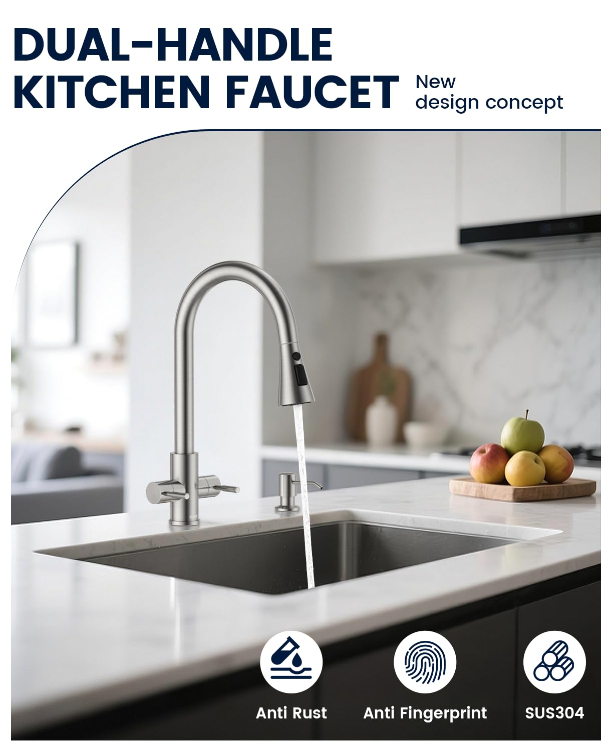 DAYONE 2 Handle Kitchen Faucet with Soap Dispenser, Two-Handle Kitchen Sink Faucets with Pull Down Sprayer Brushed Nickel, Stainless Steel 1 to 4 Holes Faucet for Sink