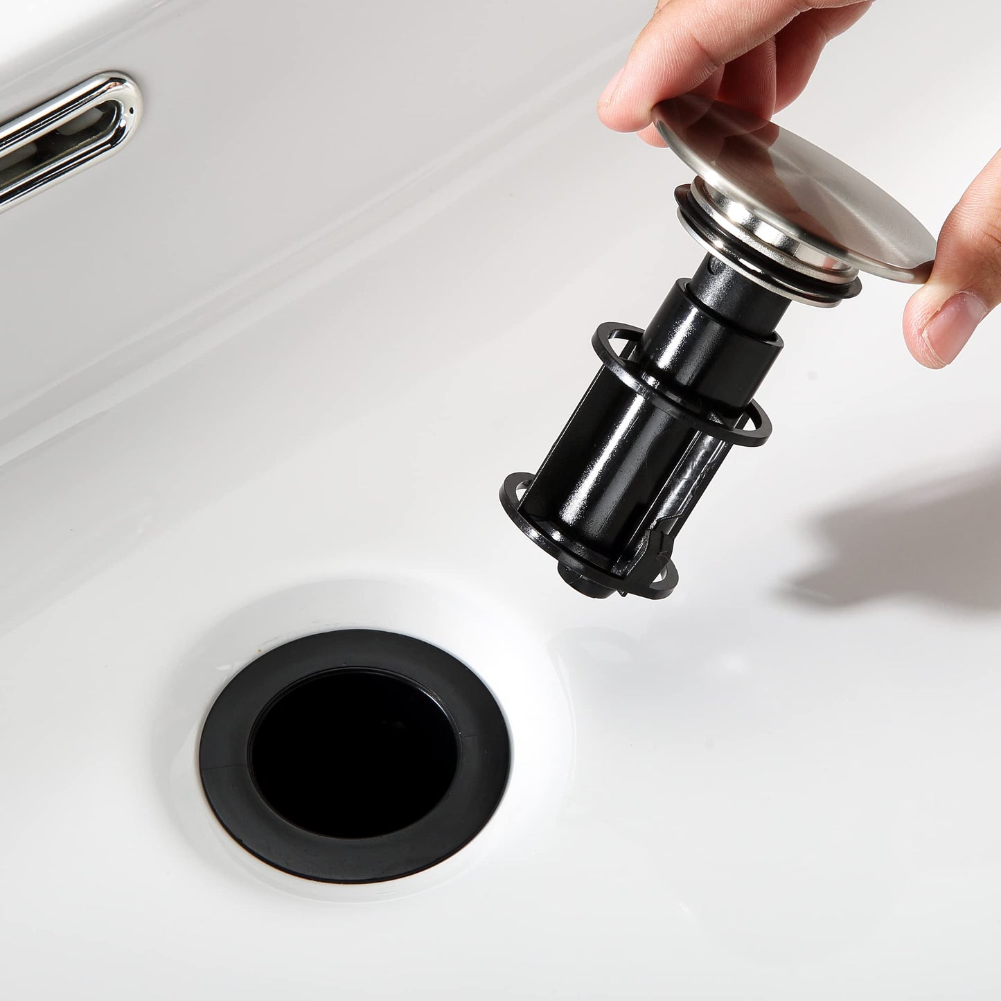 TIORIY Pop Up Bathroom Sink Drain - Bathroom Sink Stopper with Overflow for Faucet Vessel, Push Type Bathroom Sink Vanity Assembly with Strainer, Brushed Nickel