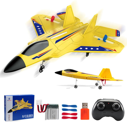 Fremego F22 RC Airplane 2.4GHz Remote Control Plane with Gyro Stabilizer, LED Lights & Dual Batteries, Easy Fly RC Glider for Kids Boys Adults Beginners(Yellow)