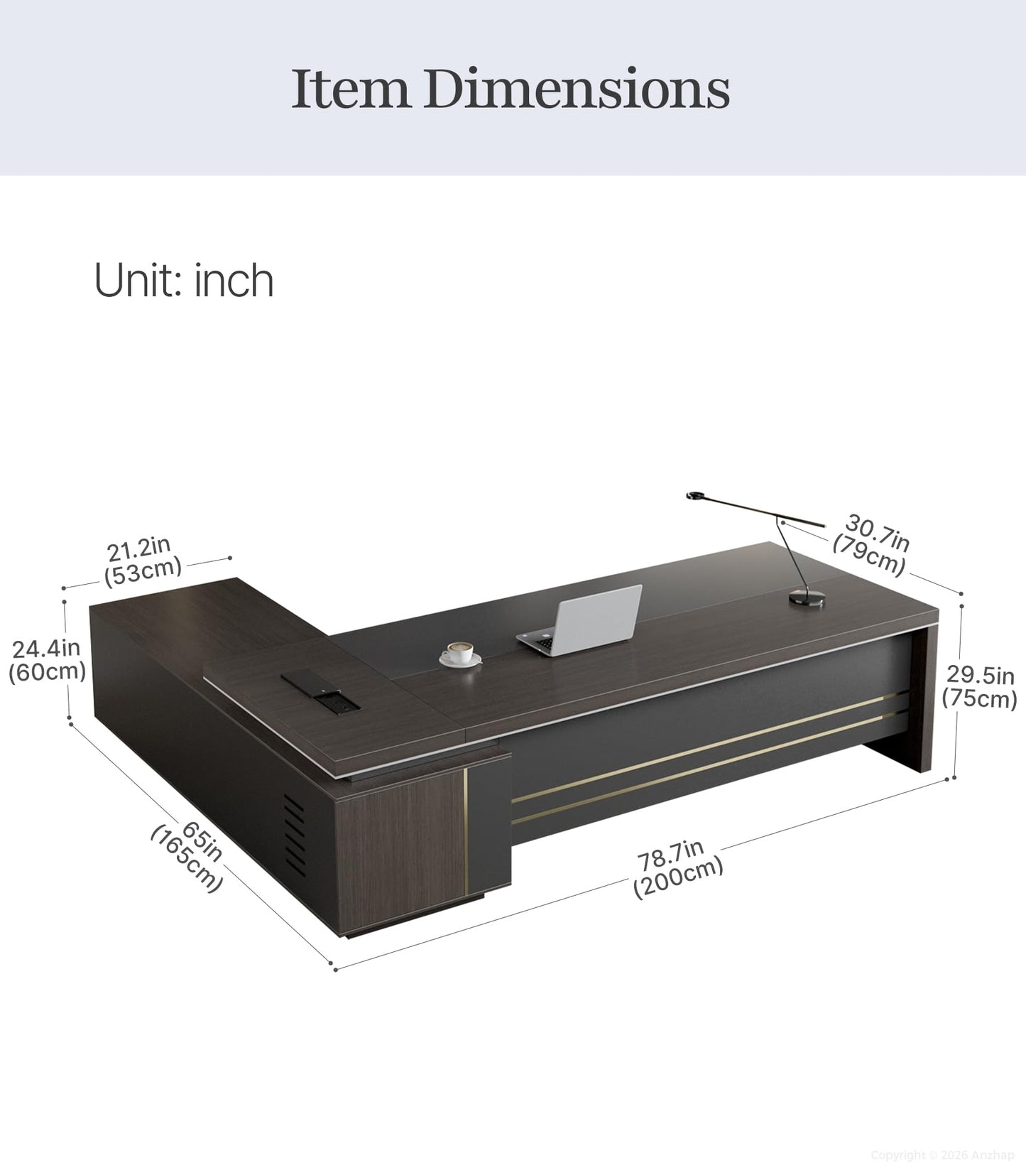 Anzhap 79" L-Shaped Executive Desk with Power Outlets & Reversible Return, Luxury Office Desk with Drawers, Storage Shelves and Ventilated CPU Compartment for Home and Office (79" L x 65" W x 30" H)