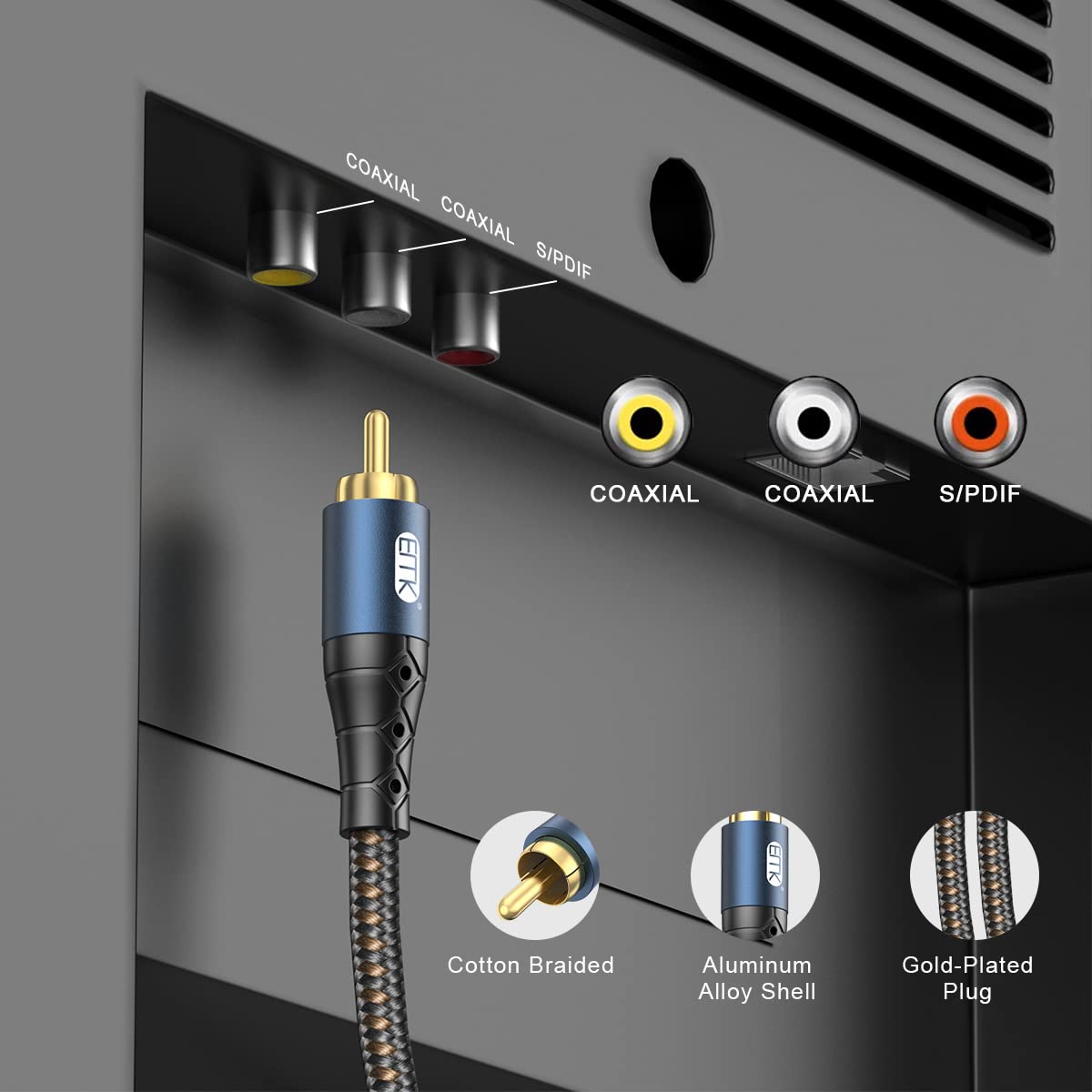 24K Systems,Subwoofer(6.6ft/2m) EMK Subwoofer Cable RCA to RCA Audio Cable Gold-Plated Nylon Braided Double Shielded