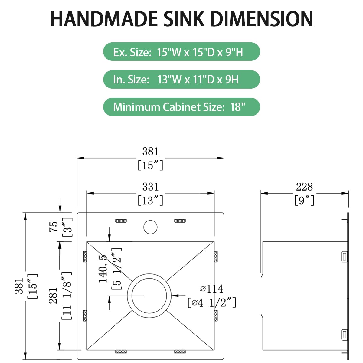 FRANIC 15" Handmade Black Bar Workstation Sink, 15" x 15" x 9" Stainless Steel Matte Nano Black Topmount Single Bowl Small Kitchen Outdoor Sink