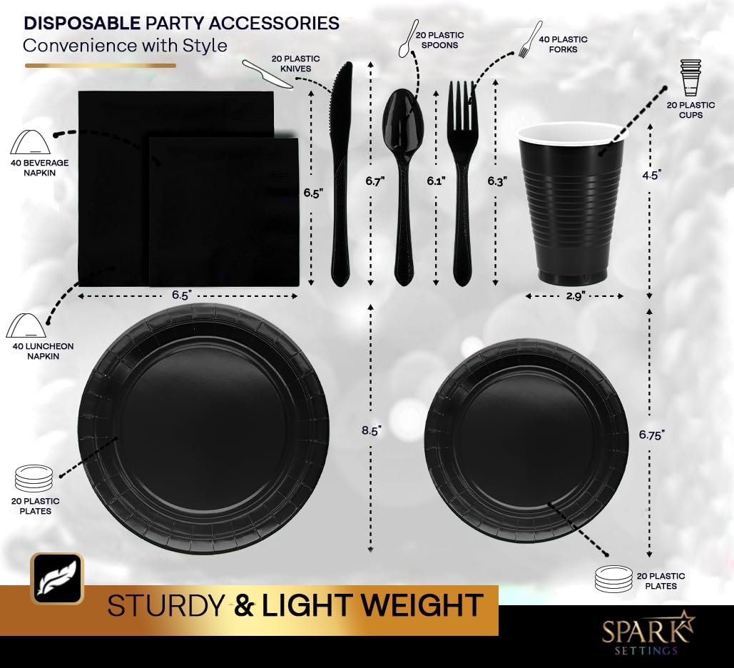 Black Party Supplies Set Paper Plates Plastic Cups Forks Knives Spoons Napkins Tablecloth Serves 20 Guests Disposable Dinnerware Set of 222 Pieces, Complete Tableware for Party - By SparkSettings