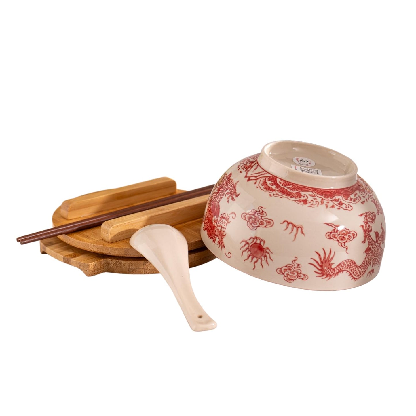 Urban Tokyo Japanese Kamameshi Style Ceramic Glazed Japanese Ramen Udon Pho Noodle Bowl With Spoon, Bamboo Lid, Chopsticks and Trivet 5 Piece Set (Red Dragon)