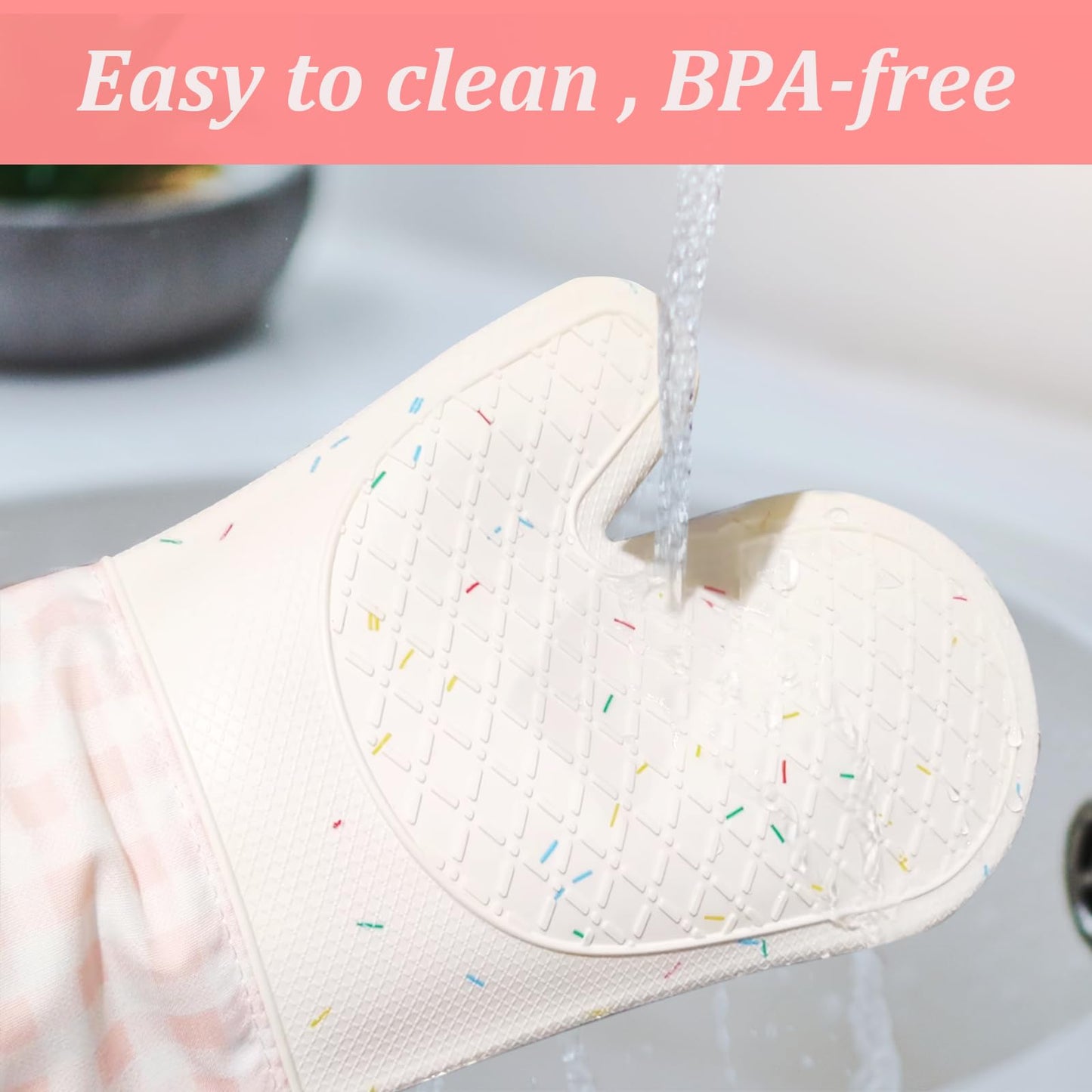 Wanheart Silicone Oven Mitts Heat Resistant, Non Slip Baking Mittens with Cotton Lining, Cute Confetti Pink Kitchen Decor for Cooking, 2-Pack