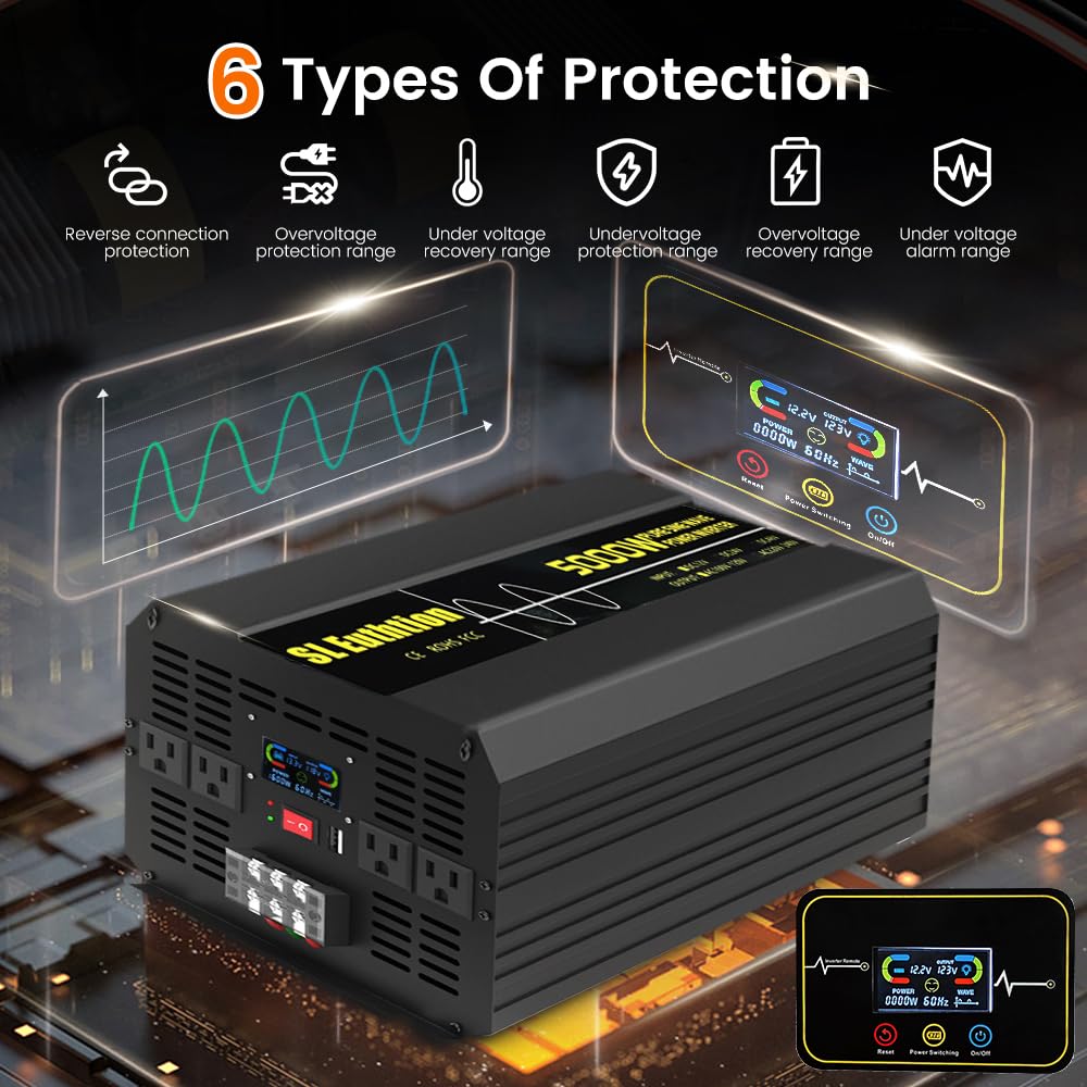 SL Euthtion 5000W/10000W(Peak) Pure Sine Wave Car Power Inverter 12V DC to 120V AC 60HZ with LCD Display, USB Port, Wireless Remote Control（10M) for Car Home Laptop Truck