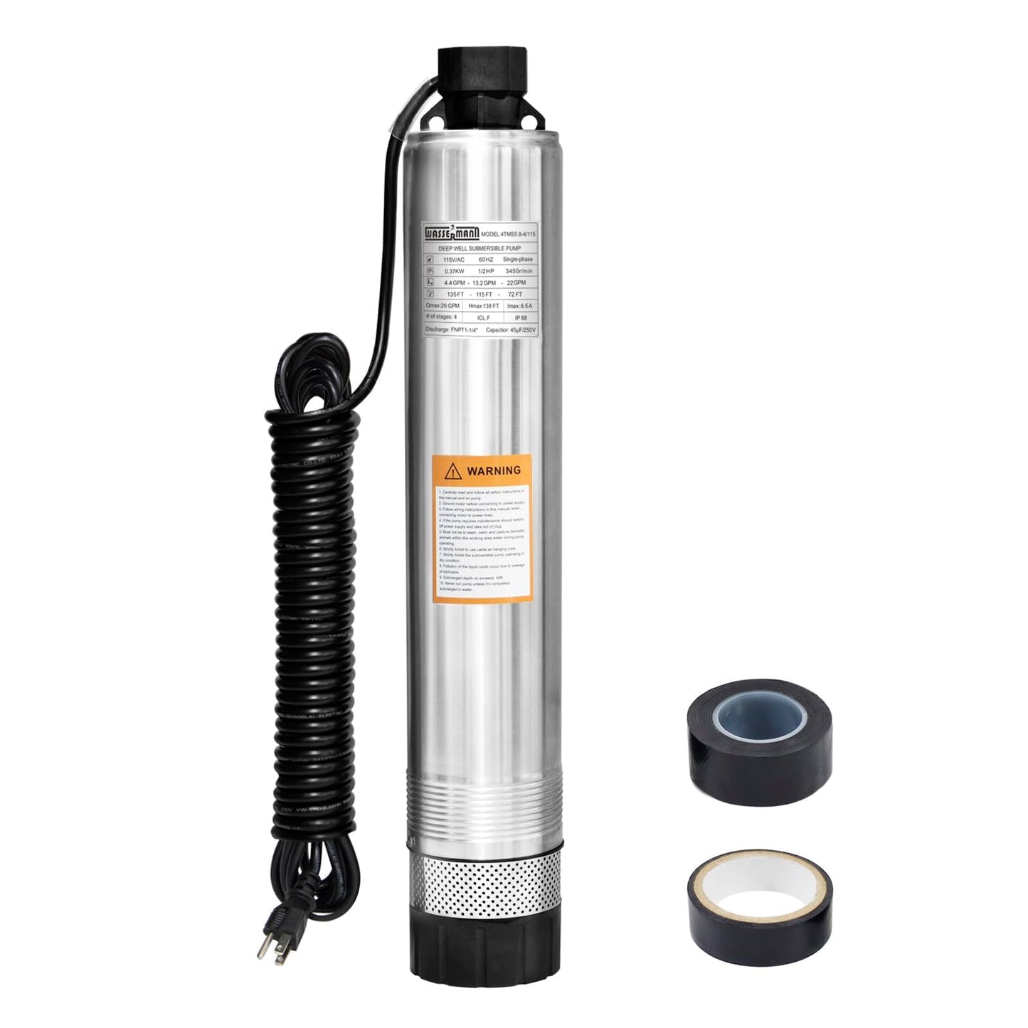 WASSERMANN 4" Septic Pump Submersible Effluent/Cistern Bottom Suction Pump with 33FT Cable,1/2HP,230V/60HZ,26GPM,138FT Head,Stainless Steel Deep Well Pumps for Septic Tank Home