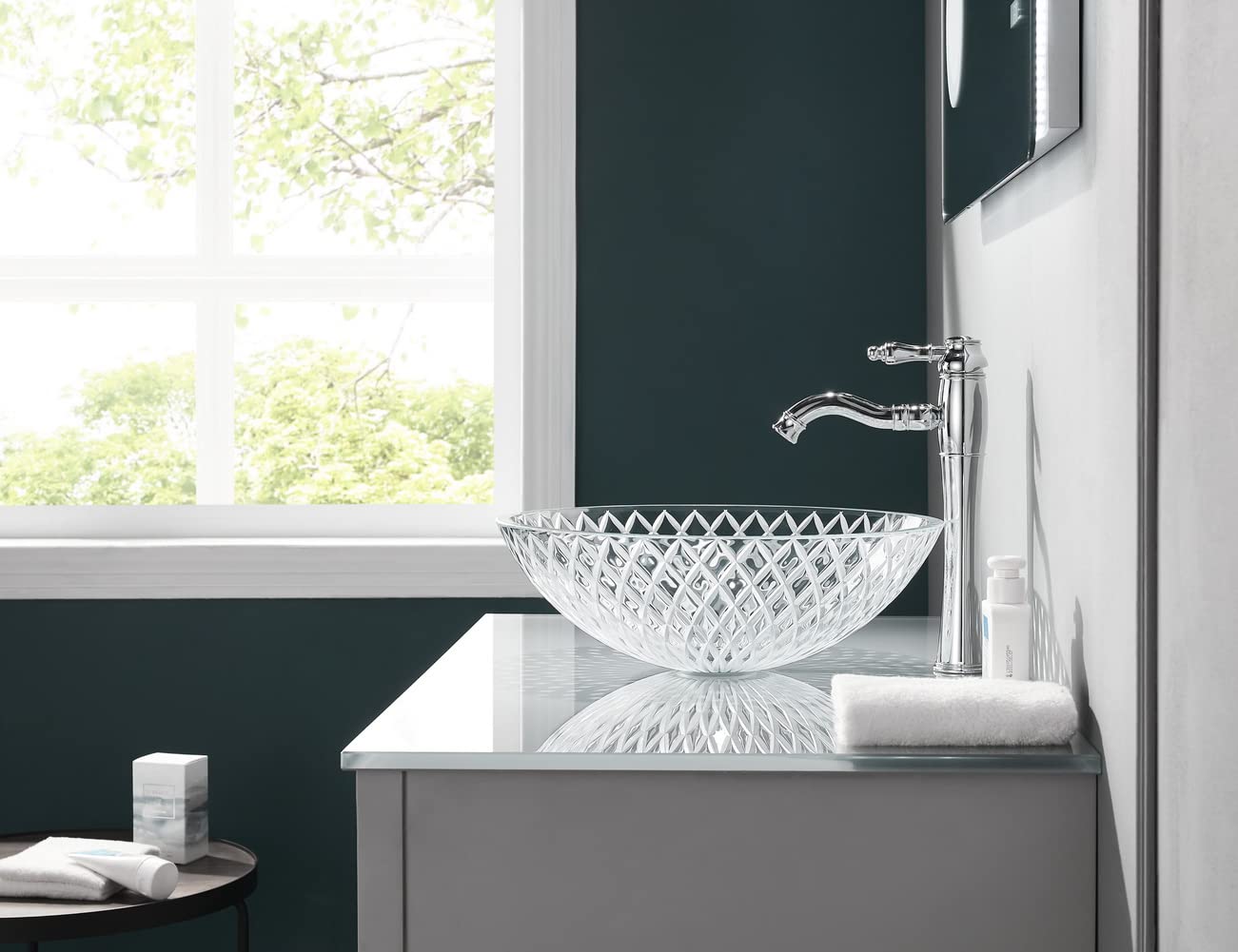 Fanwin Star Tempered Deco Glass Luxuryhome Bathroom Sink in Crystal engraving Elegant | Top Mount Basin | Vanity Countertop Sink Bowl with Pop Up Drain |Surface Finish Glossy | FW-LA659