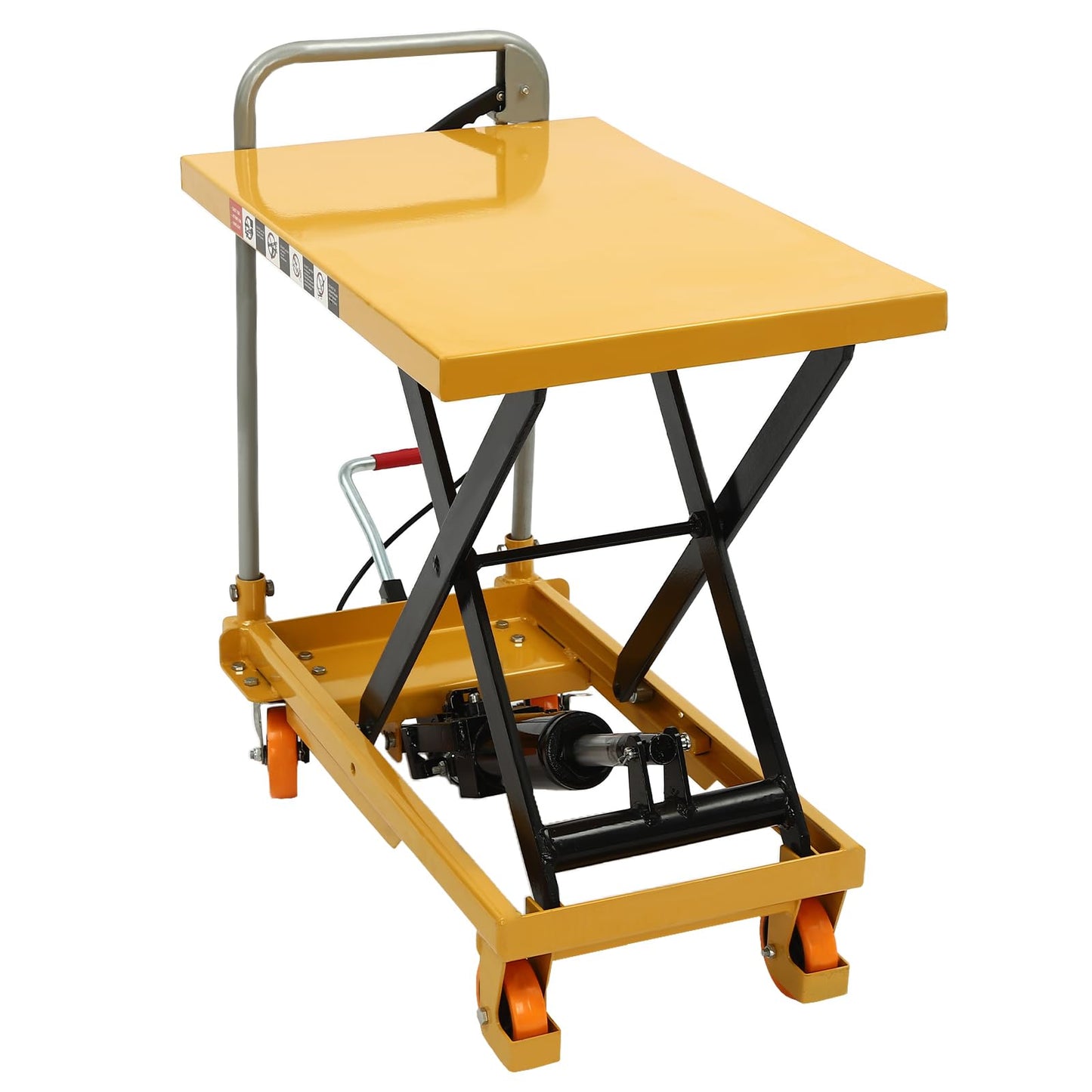 Hydraulic Lift Table Cart 500 lbs Load Capacity Manual Hydraulic Single Scissor Cart with Wide Deck, 4 Locking Wheels for Material Handling & Transportation (Yellow)