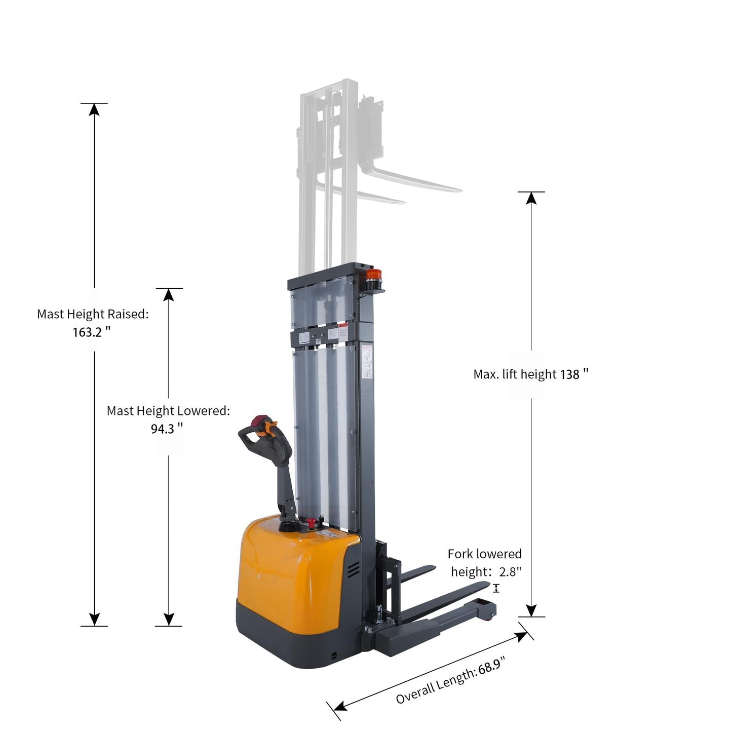 APOLLOLIFT Fully Powered Electric Stacker with Straddle Legs, 3300 lbs Capacity 138" Lift Height, Fully Electric Material Handling Lift Truck, with Adjustable Forks