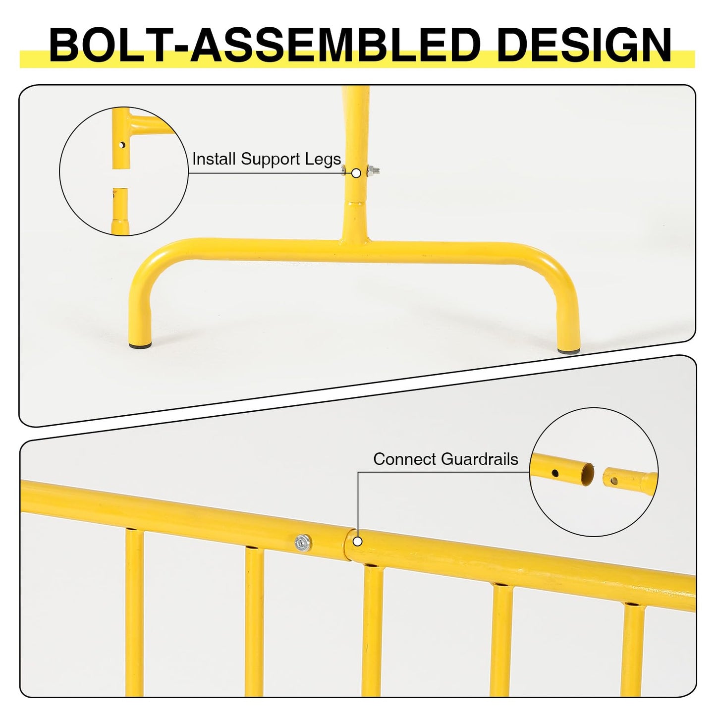 2 Pack Interlocking Steel Barricade, 6.5 ft. Heavy-Duty Metal Barricade with Removable Bridge Feet, Tool-Free Assembly, Rust-Proof Powder Coated, for Outdoor Event Crowd Control and Construction