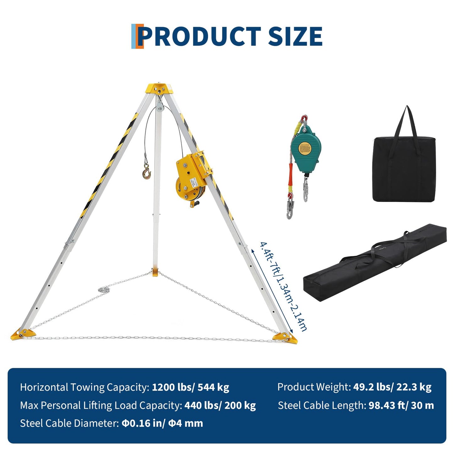 Confined Space Aid Tripod Kit – 1200 Lb Winch, 8' Adjustable Steel Legs, 98' Anti-Rotation Cable, 33' Fall Protection, Fall Arrester, Storage Bag – Industrial Equipment for Manhole & Tunnel Ope