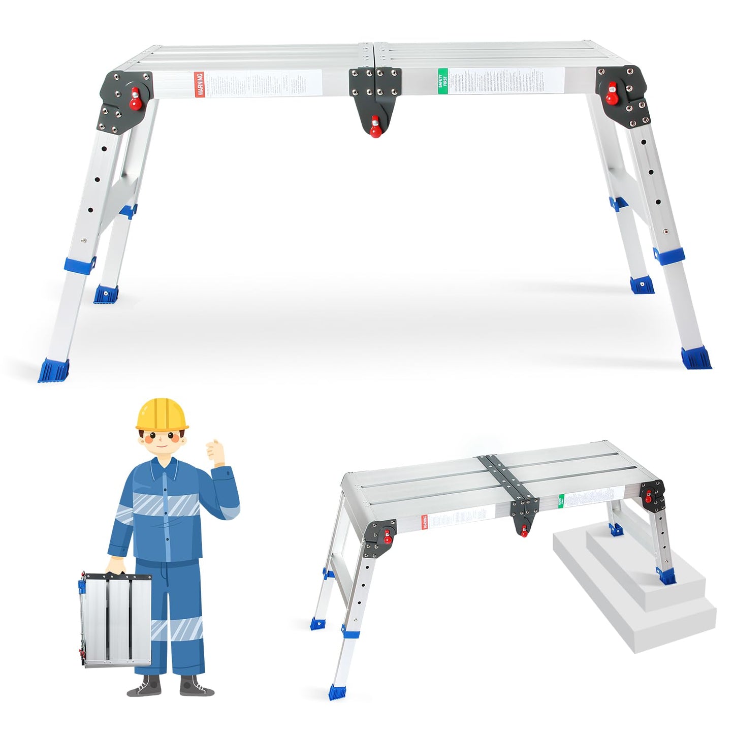 LEADALLWAY Portable Work Platform Height Adjustment 33"(L) x12(W) x20(H) Foldable Step Stool Aluminum Platform Ladder with One-Touch Automatic Fold 330 Lbs Capacity