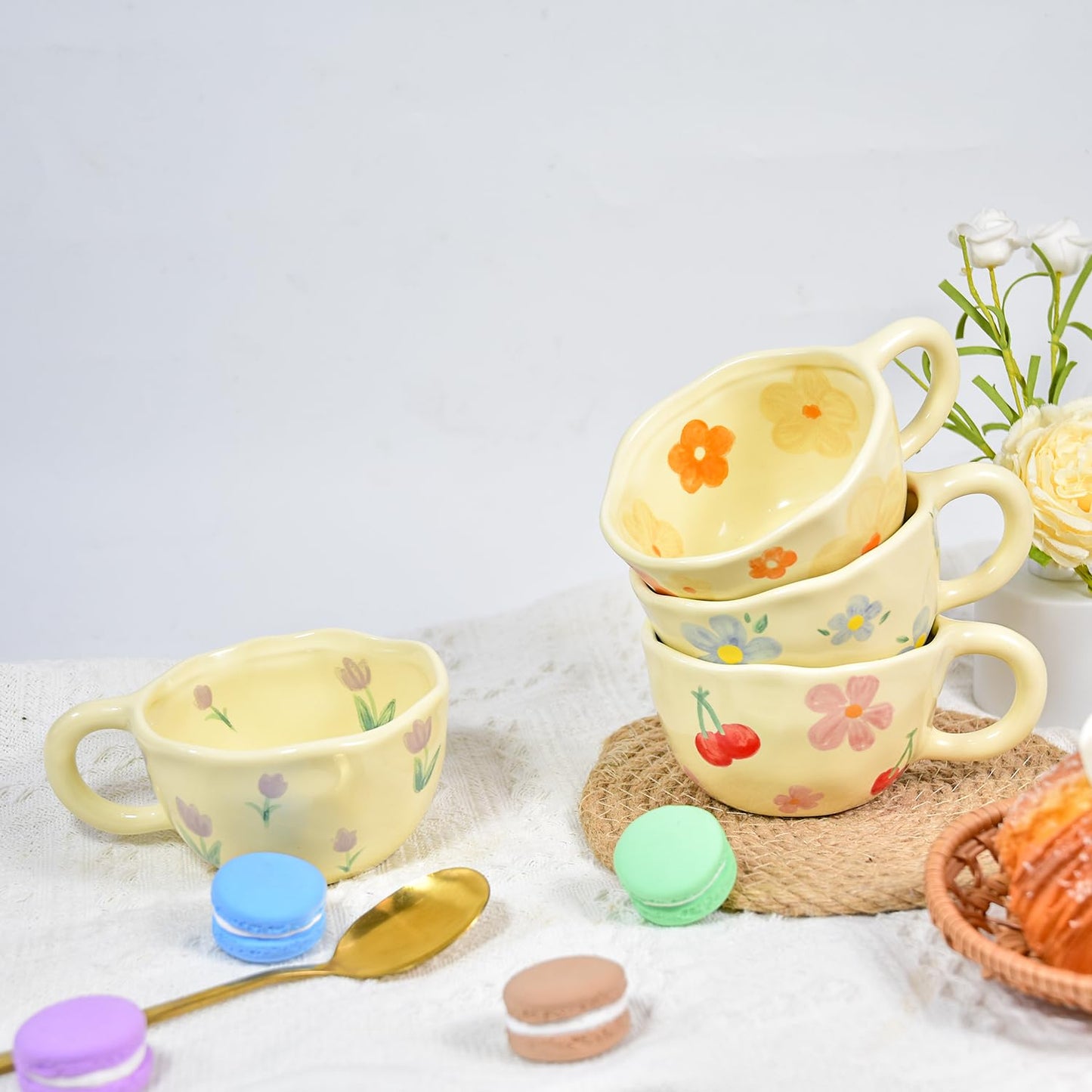 4 Pack Coffee Mug, Ceramic Coffee Mugs, 8oz Cute Espresso Cups, Flower Porcelain Mug Set for Women Girl Tea Cappuccino Latte Gift