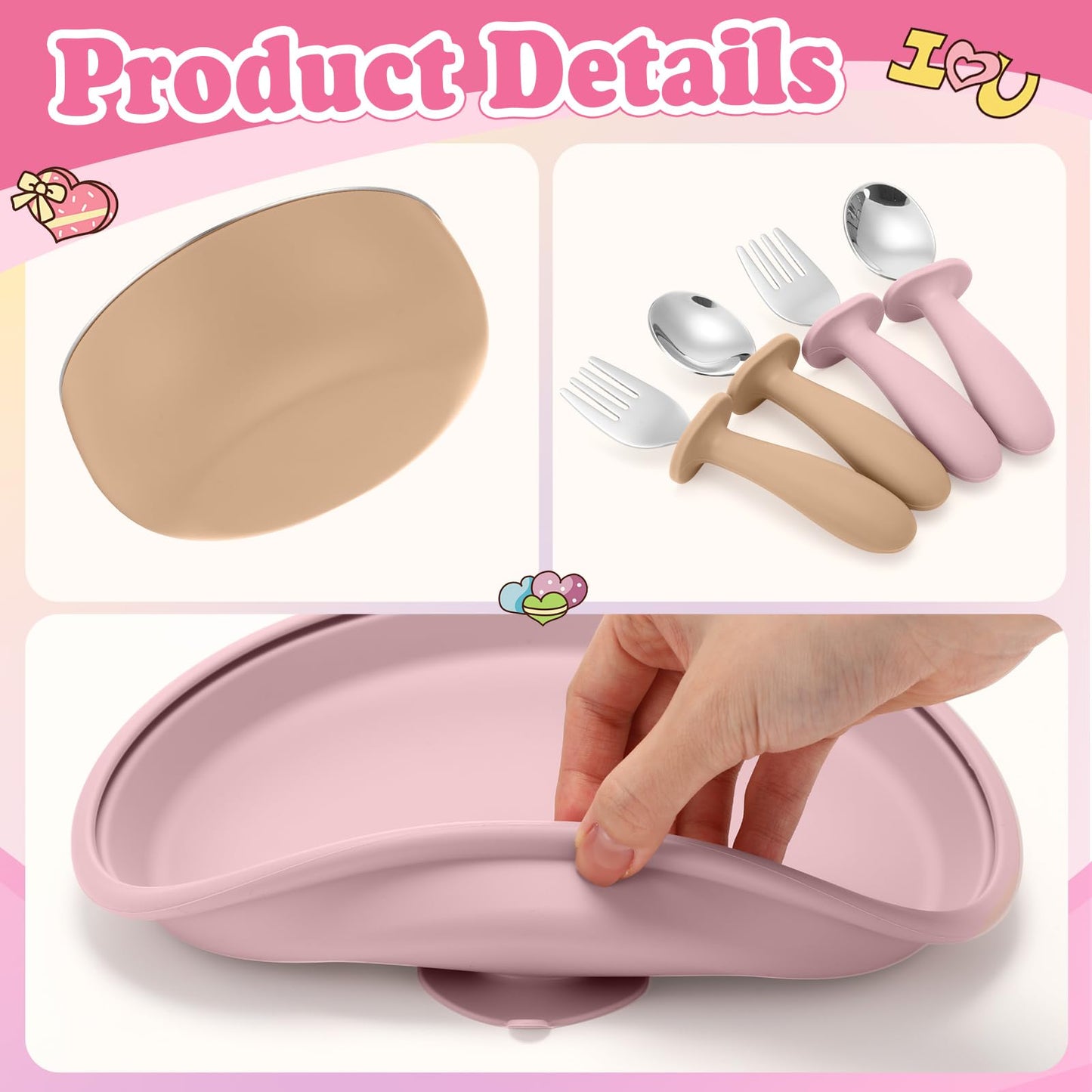 Honeydak 2 Pack Stainless Steel Baby Plates and Bowls with Suction & 2 Pack Spoons and Forks Set Kid Gift Toddler Utensil Baby Feeding Set Divided Plates for Weaning Supplies(Pink,Matte Tan)
