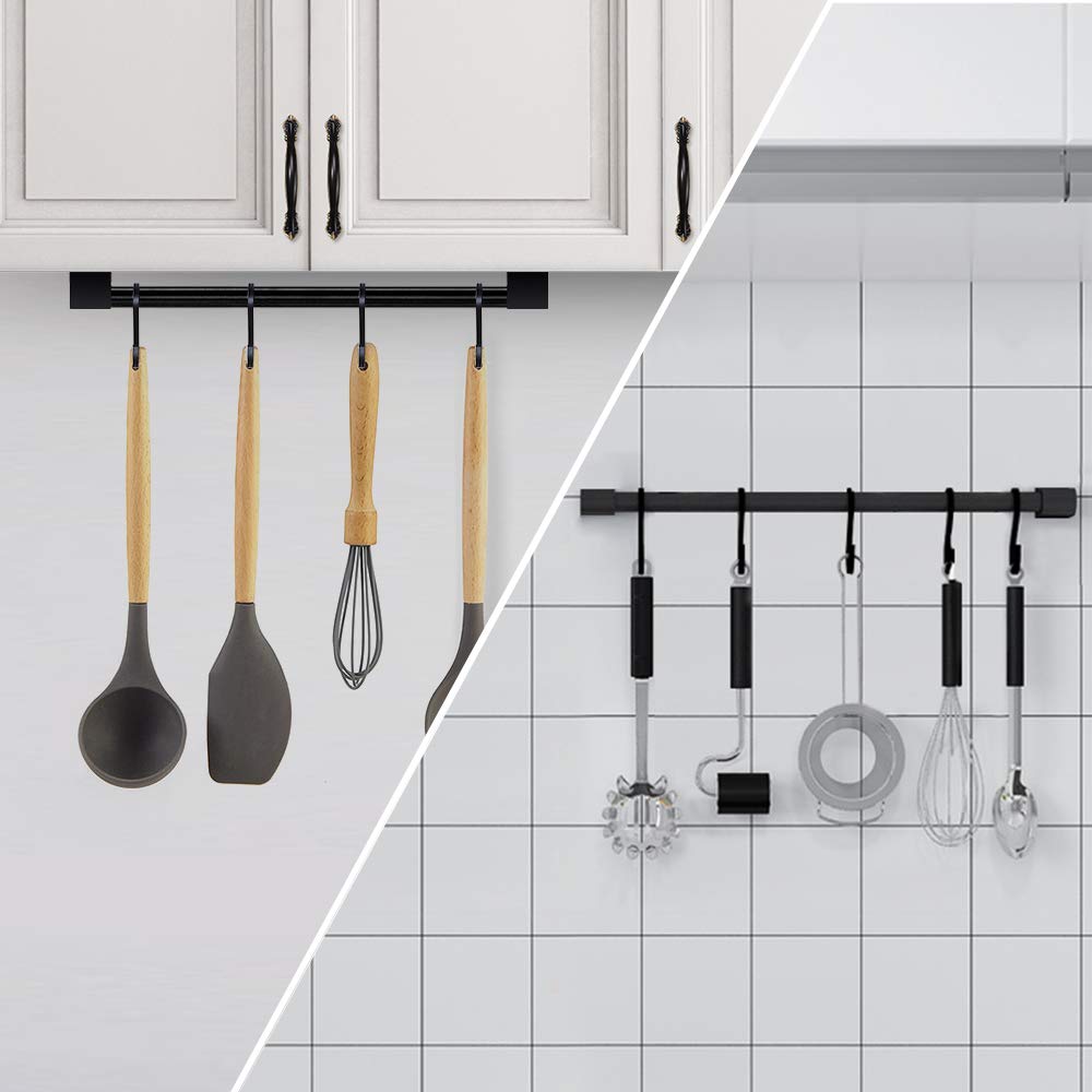 KAIYING Kitchen Utensil Rack with Removable S Hook for Hanging Pots and Pans, Rod Hooks for Mugs, Wall Mounted Kitchen Rail Organizer, Aluminum,(Black-5 Hooks)