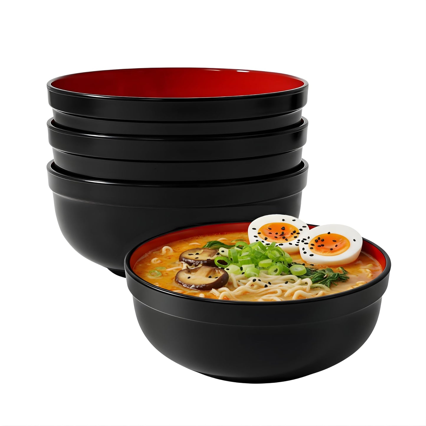 TP 38 oz Melamine Bowls Set for Ramen Pho Soup Pasta Salads, Set of 4 Large Japanese Bowls, Unbreakable Lightweight and Dishwasher Safe, Black and Red