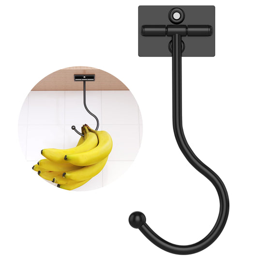 Josmimic Under Cabinet Banana Hook Foldable - Adhesive Banana Holder, Foldable with Magnets When Not in Use, Under Counter Banana Hook, Stainless, Hold 13 LB, Black