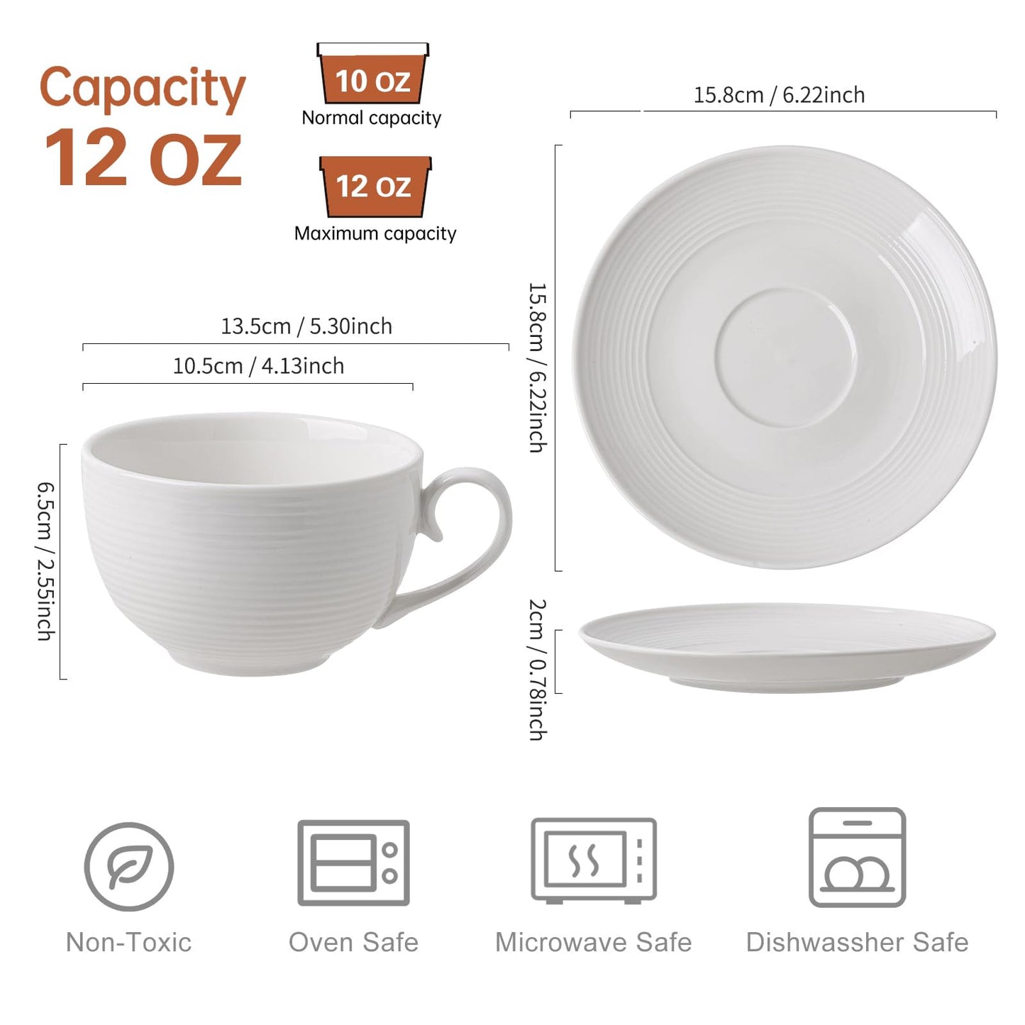 Feenmai 12 oz Cappuccino Cups with Saucers, Ceramic Espresso Coffee Cups Set of 4, White Latte Cup and Saucer, Elegant Tea Mugs Set, Microwave Dishwasher Safe Drinkware for Cafe, Housewarming Gift