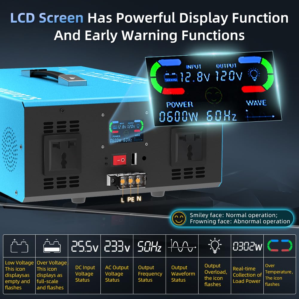SL Euthtion 4000W Pure Sine Wave Power Inverter Voice Control AI Voice Assistant Support English 24V to 120V 60HZ with LCD Display, USB Port, for Car Home Laptop Truck