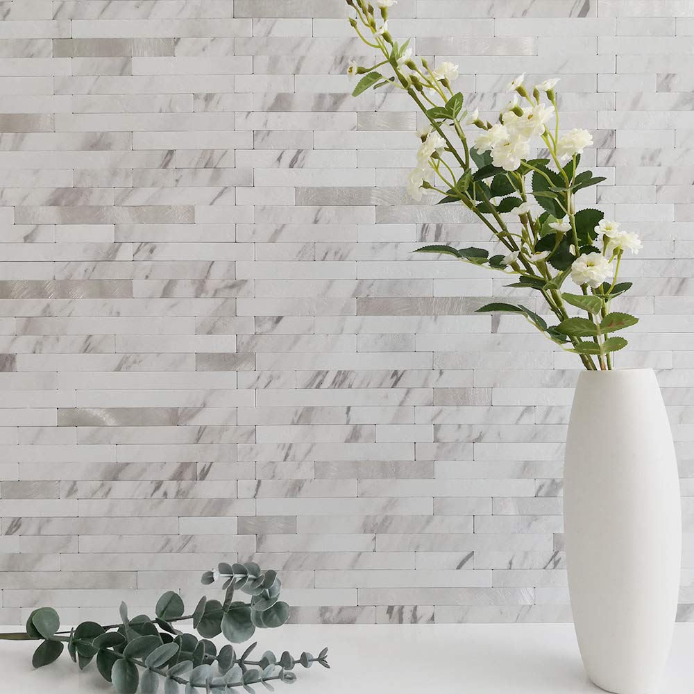 DICOFUN 10-Sheet Peel and Stick Backsplash Tile, Faux White Marble Look PVC Mixed Metal Stick on Backsplash Tiles for Kitchen and Bathroom, 9.4 sq.ft