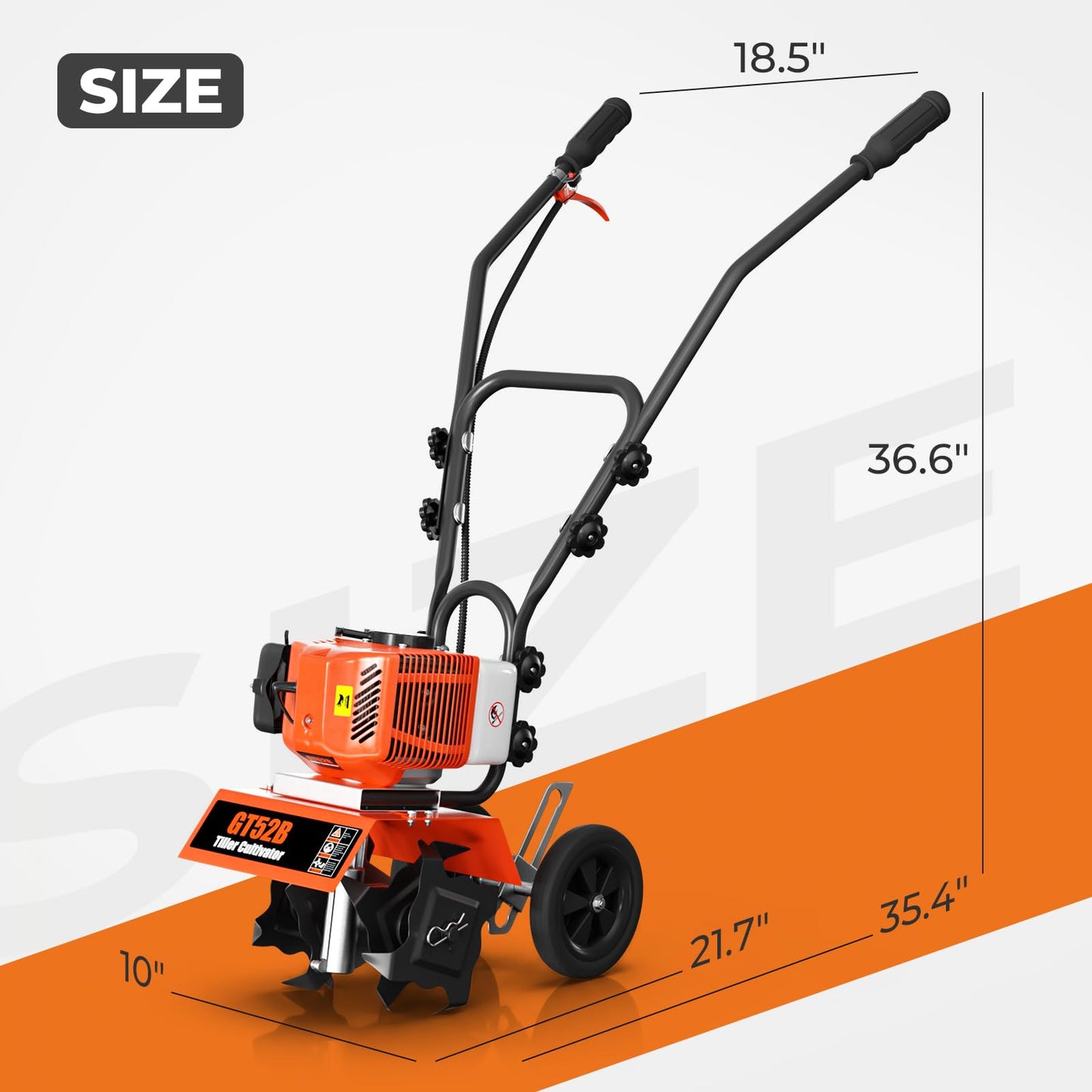 72CC Gas Tiller Cultivator,2 Stroke Gasoline Powered Rototiller,1.5KW 7500RPM,10in Working Width 5in Working Depth, Heavy Duty Garden Tiller for Lawn Yard Soil Cultivation (Orange)