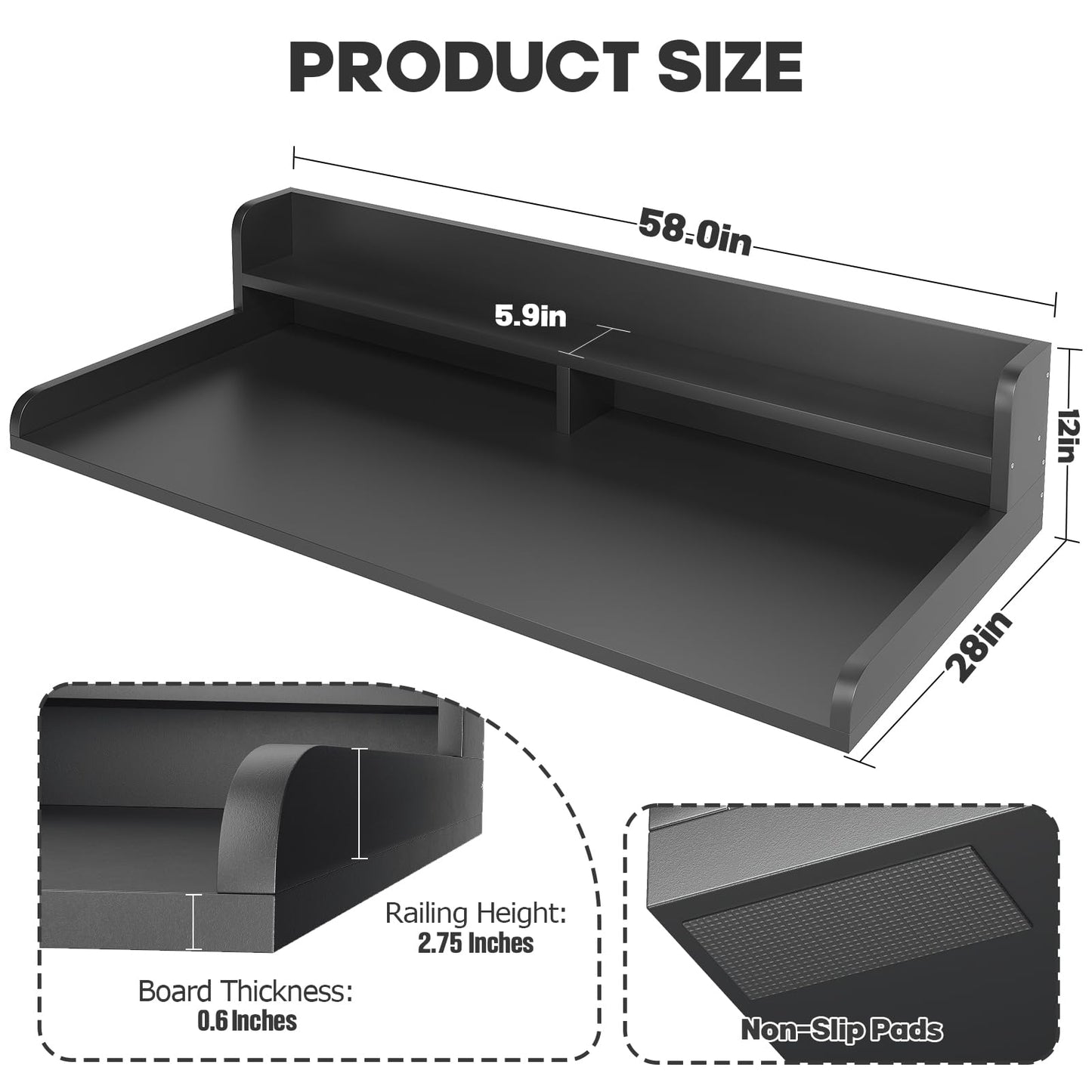 Corbyles 2-Tier Washer Dryer Countertop with 2.75" H Edge Rails, 58" W x 28" D Laundry Countertop for Folding Clothes, Washer and Dryer Topper with Non-Slip Pad (Black)