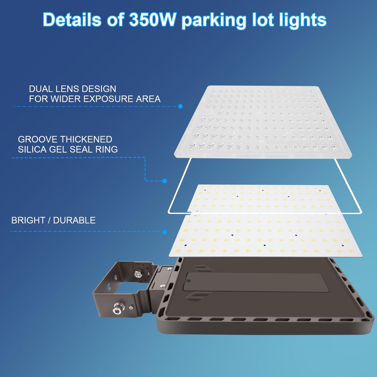 Juyace 3-Pack 350W LED Parking Lot Light with Photocell, 52500LM 5000K, IP65 Dusk to Dawn Outdoor Security Flood Light with Trunnion Bracket, 110-277V Commercial Area Light for Street Yard Stadium