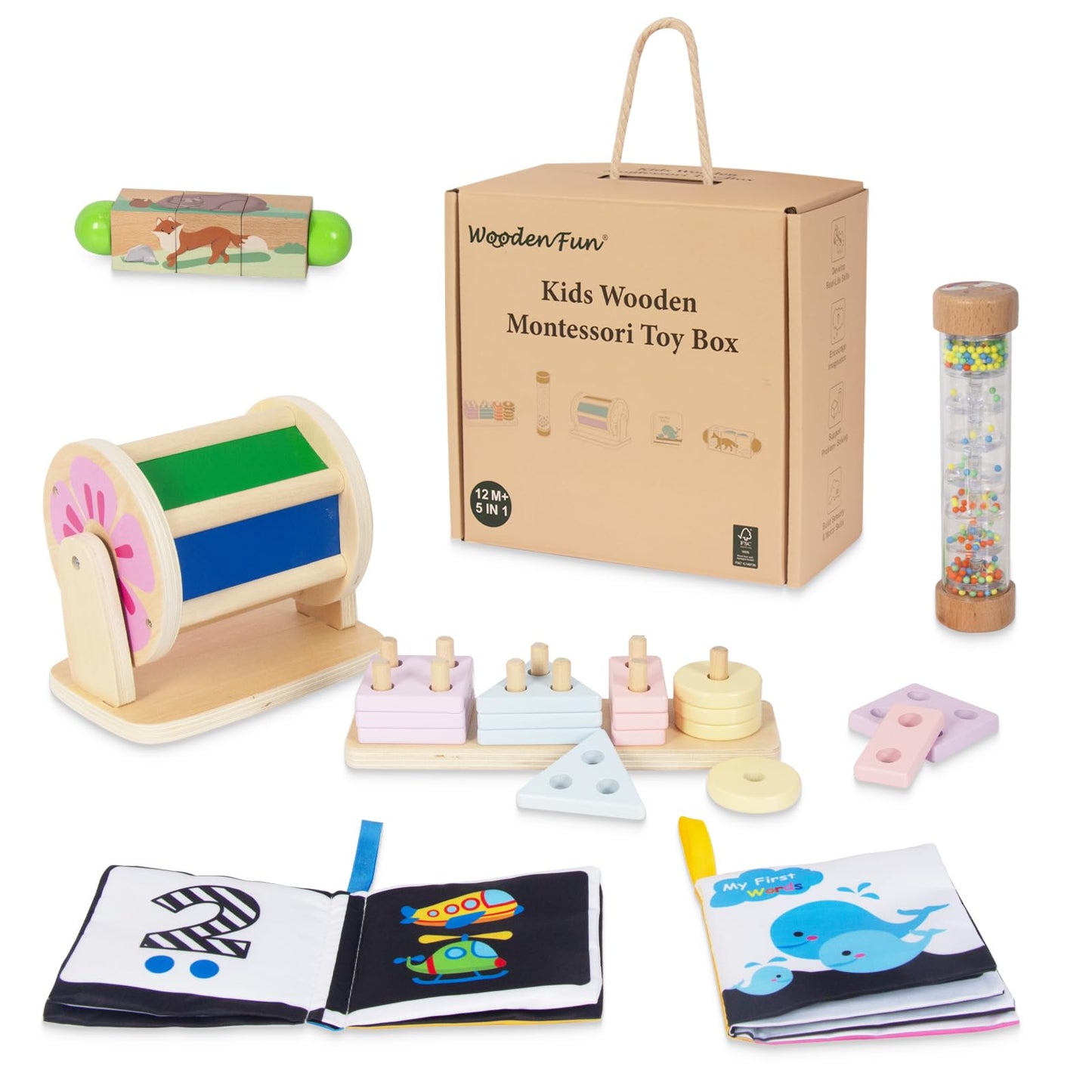 Wooden Baby Toys, 6-in-1 Newborn Learning Educational Sets Includes Mirror Spinning Drum, Rain Stick, Soft Cloth Books, Shape Sorter, Baby Roller - Christmas Birthday Gift for Boys Girls