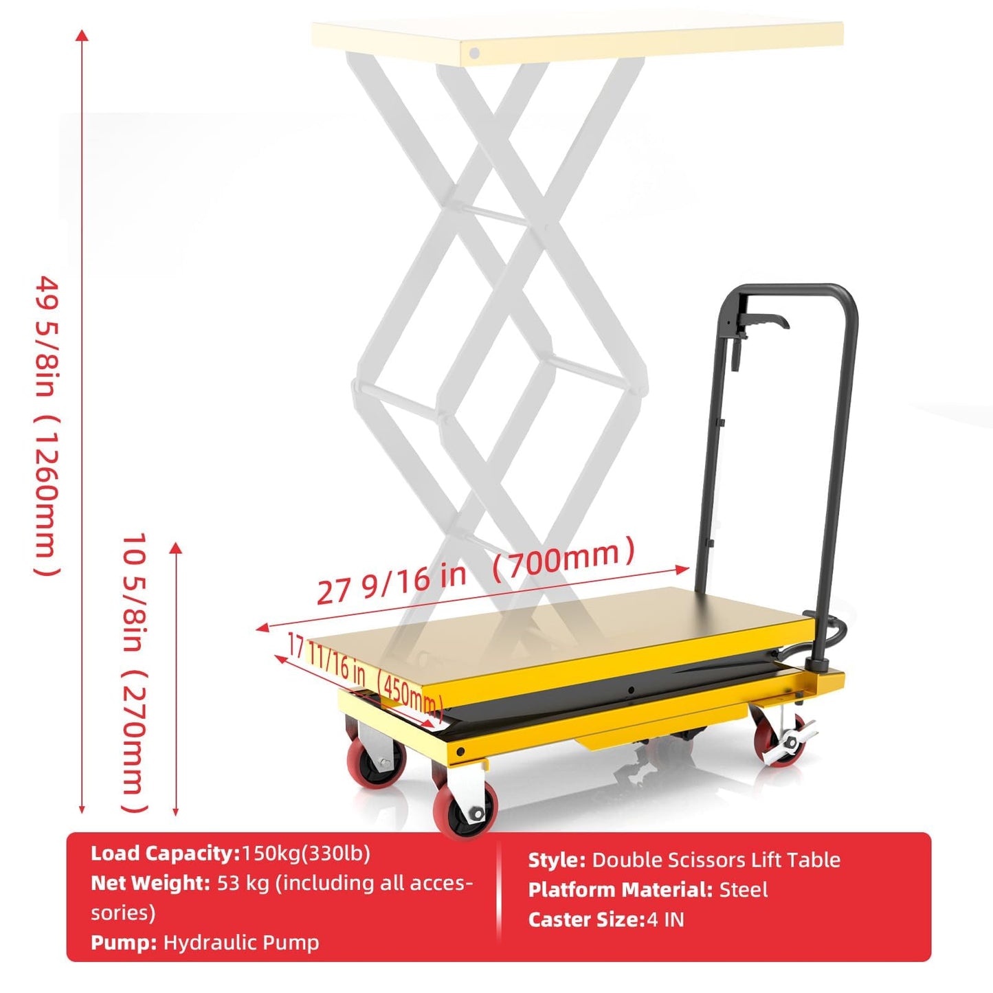 ZKH Hydraulic Lift Table Cart, 330lb Capacity Lift Cart, 49.6" Max Lifting Height, Single Scissors Lift Table with Locking Wheels and Overload Bar for Safe Operations