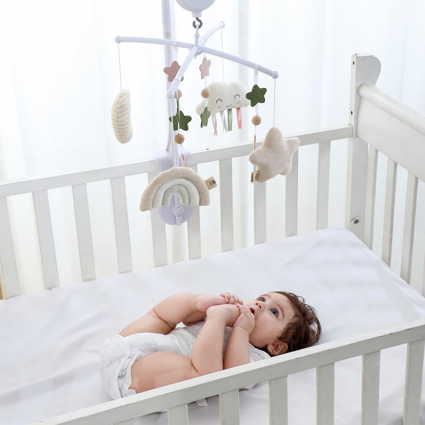 COTTONBEBE Crib Mobile 35 Lullaby Music, Cotton Baby Mobiles for Cribs & Pack N Play, Easy to Install, Stuffed Animals Hanging Toys Newborn Boys & Girls, Star Nursery Decor