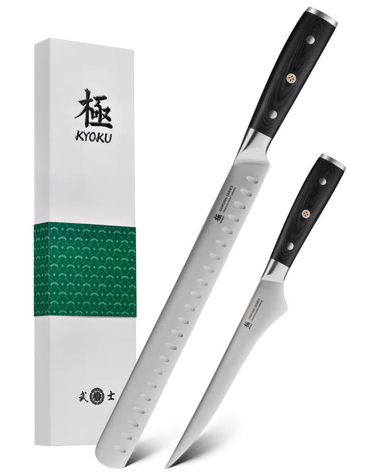 KYOKU 2pc Kitchen Knife Set, Samurai Series 6.5" Boning Knife & 12" Slicing Knife Set, High Carbon Steel Japanese Style Knives with Pakkawood Handle Sheath for Meat Fruit Vegetable Dicing Carving