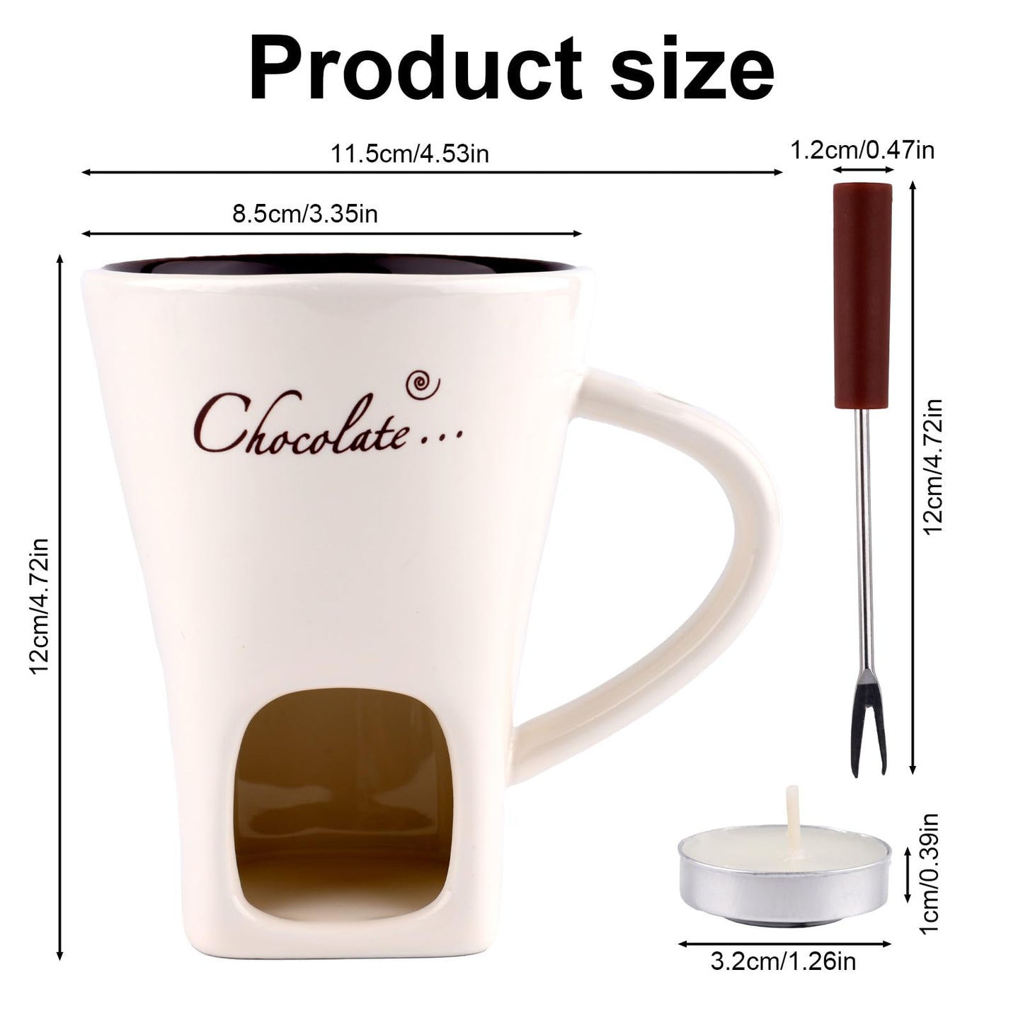 Chocolate Fondue Mug with Fork, Sweet Melting Cup with Tealights for Chocolate Cheese & Desserts Ceramic Fondue Pot Set Ideal Gift for Date Nights Birthdays Anniversary Weddings (White)