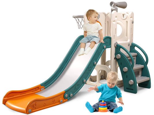 Baotree 6 in 1 Toddler Playset with Slide, Kids Slide with Basketball Hoop, Ball, Ring Toss, Indoor Outdoor Toys